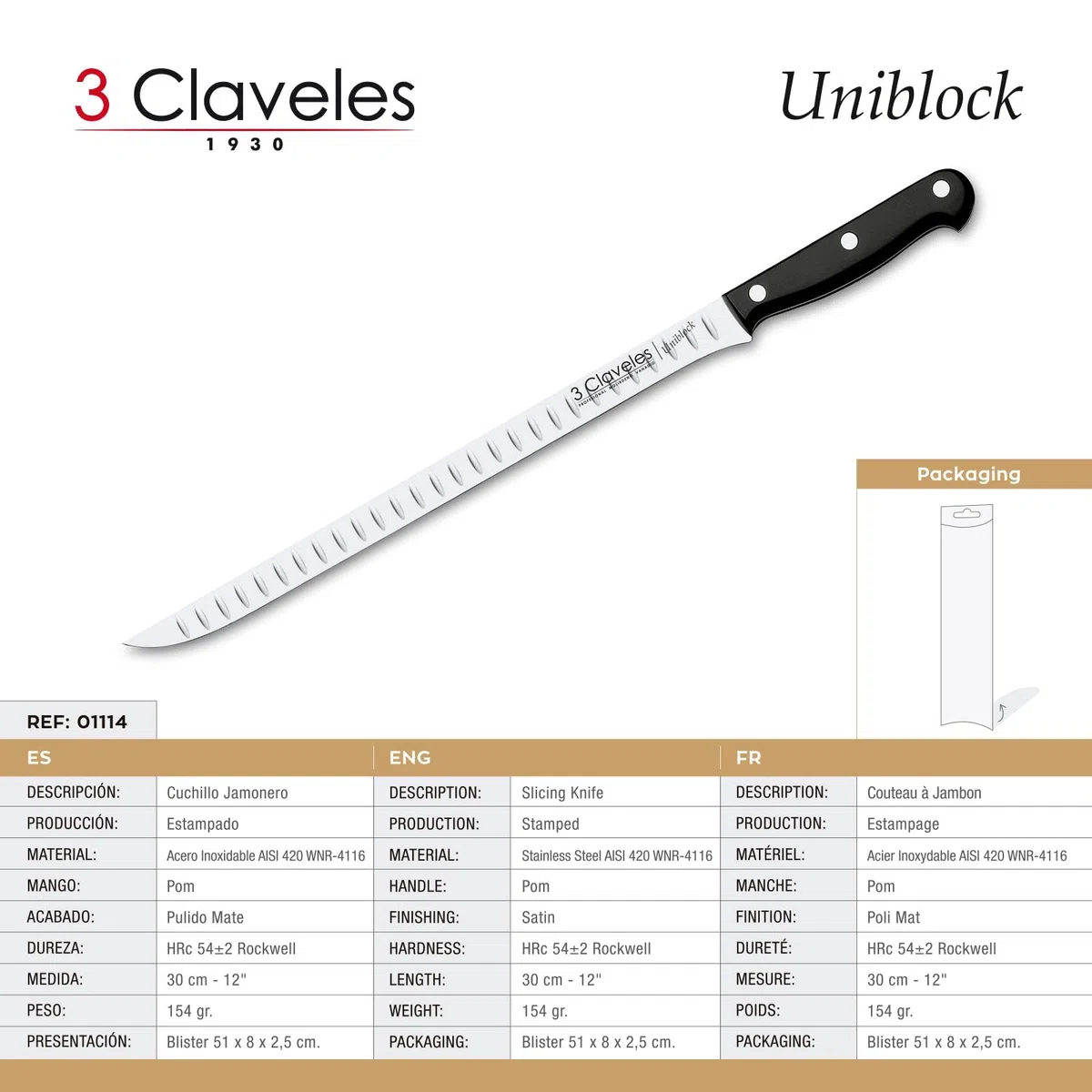 3Claveles Uniblock - Cuchillo alveolado jamonero de 30 cm, 12 pulgadas, Metal