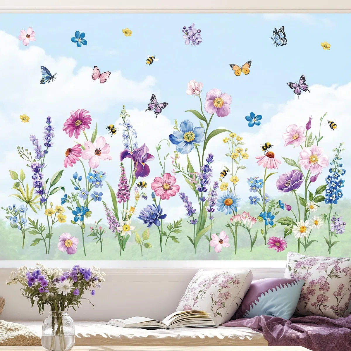 decalmile Pegatinas de Ventana Jardín de Flores Vinilos para Ventanas Flor Morado y Mariposas Anticolisión Vinilo No Adhesivo de Pegatinas Vidrio Ventana