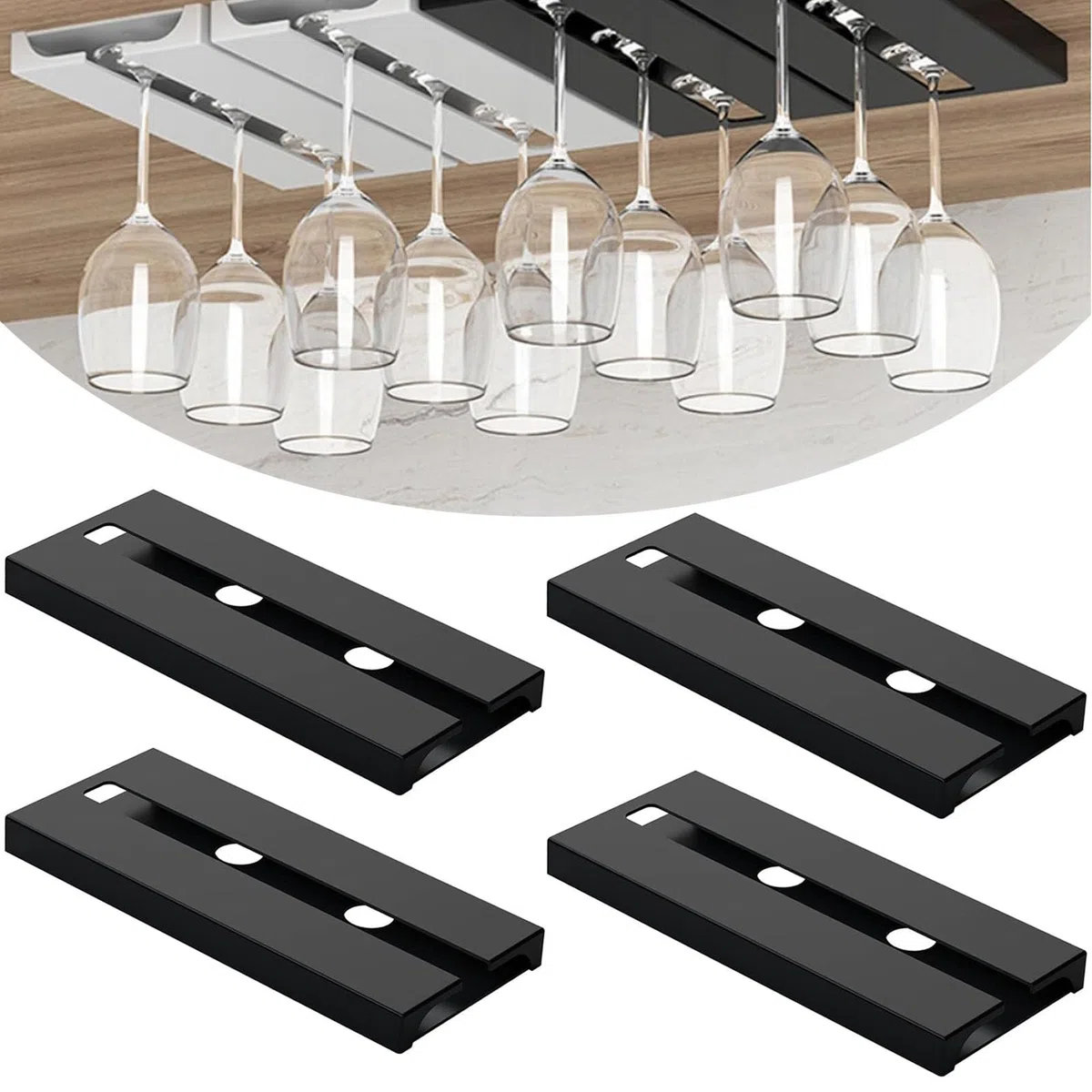 4 Piezas Soporte para Copas de Vino Colgante, Estante Copas Vino Debajo Gabinete, Colgador Copas Sin Taladrar, Estante Colgar Copas Autoadhesivo para Hogar Bar Cocina Restaurante (Negro)