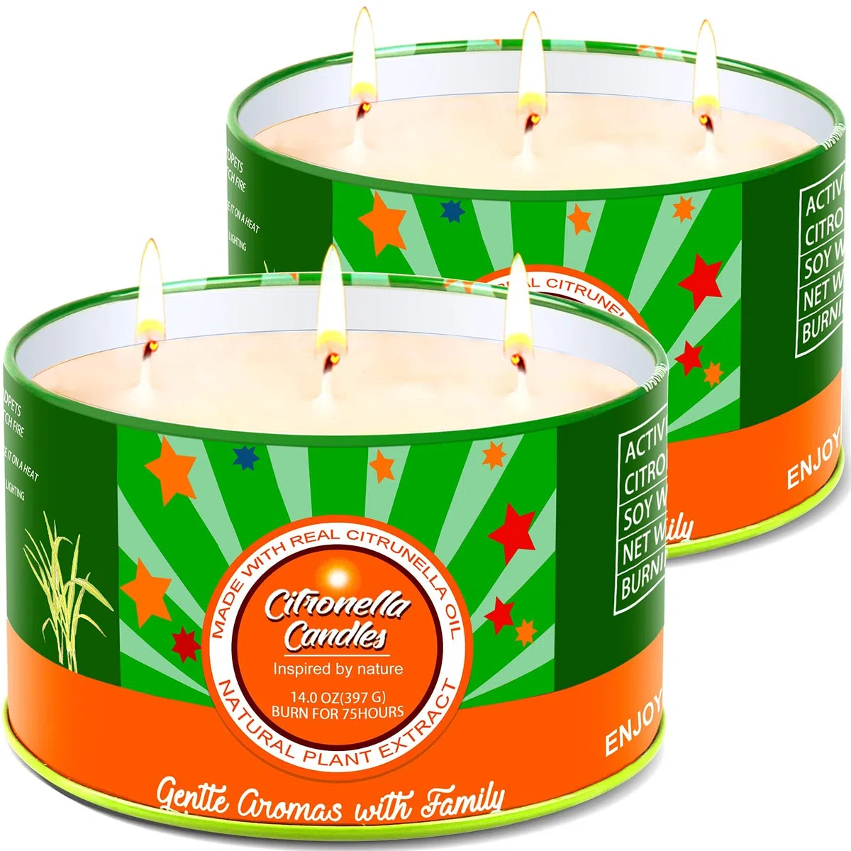 Aottom Vela de Citronela Grandes Jardín, Regalo Verano, 100% Natural Candle Cera de Soja, Velas Aromaticas para Exteriores/Interiores/camping/hogar, 2 * 14oz, 140H