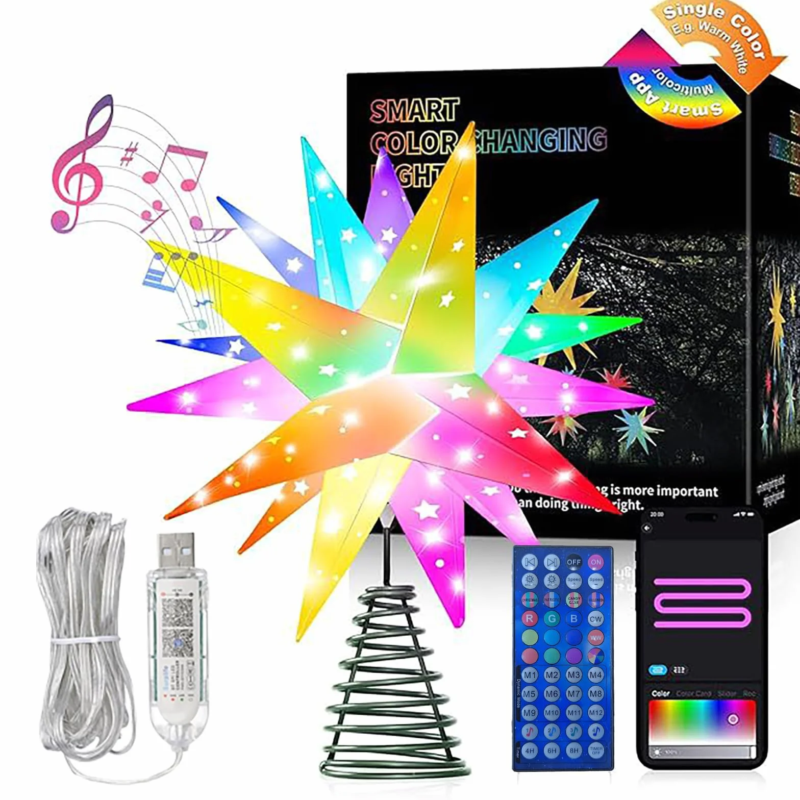 Estrella Arbol de Navidad 3D iluminada,Decoracion arbol de Navidad iluminada Inteligente de 10‘’ en Punta de árbol, Control por aplicación Bluetooth, sincronización de música
