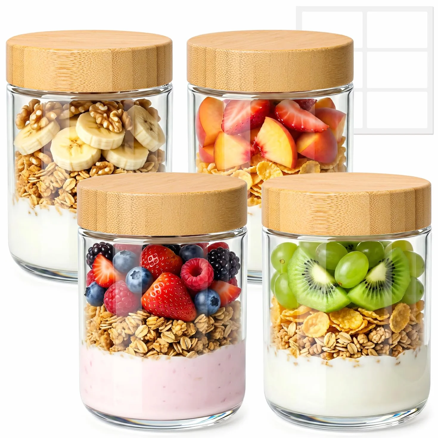 ComSaf Set de 4 Vasos de Yogurt y Cereales de 500ml con Tapa de Bambú, Tarro de Vidrio, Overnight Oats Jar para Adultos y Niños, Desayuno Saludable para Oficina, Escuela y Picnic