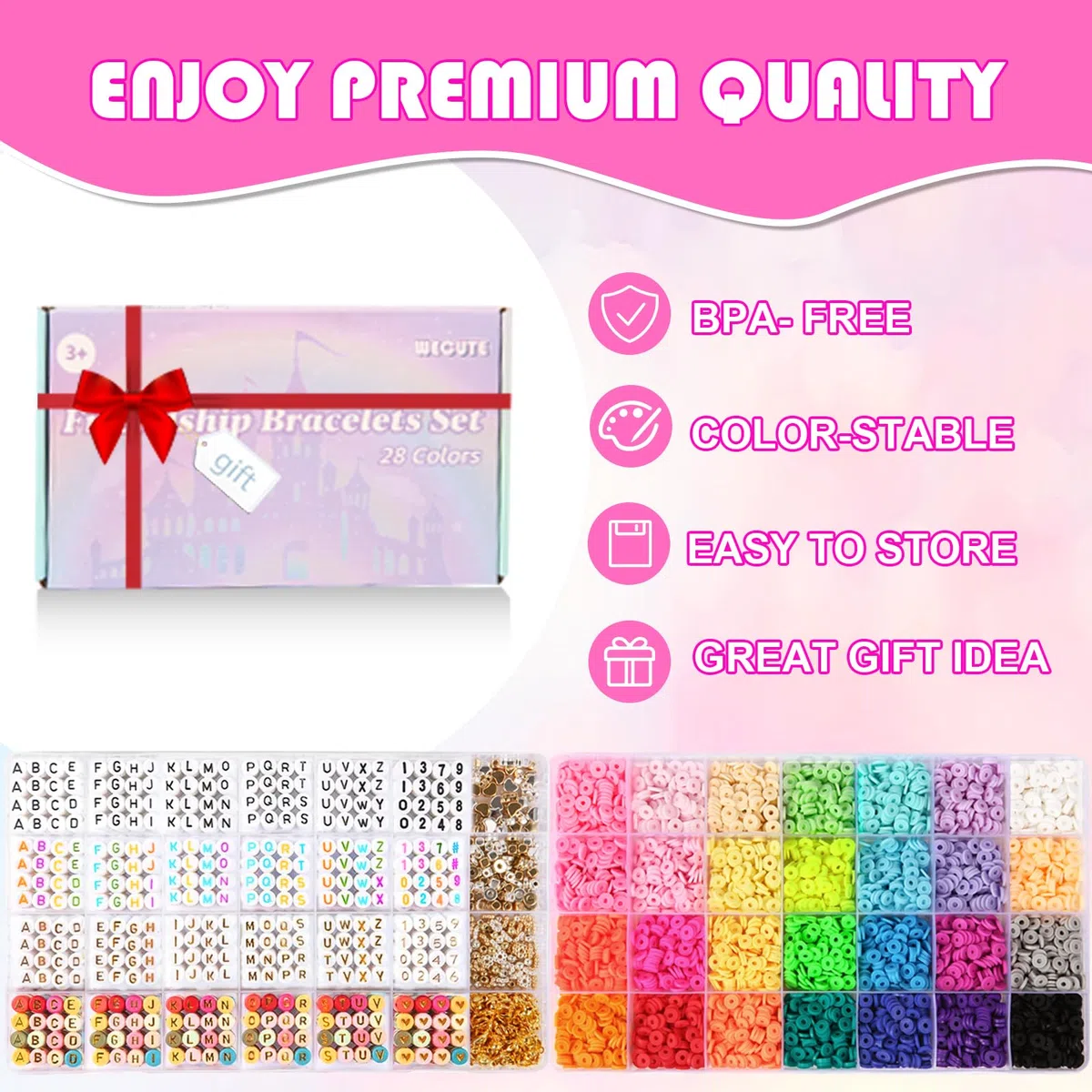 WECUTE Kit Pulseras, 6700+ Piezas 28 Colores Perlen Armband Herstellung Kit, Cuentas para Pulseras,olymer Clay Perlen Armband Making Kit, El mejor partido para conciertos y festivales de música (6mm)