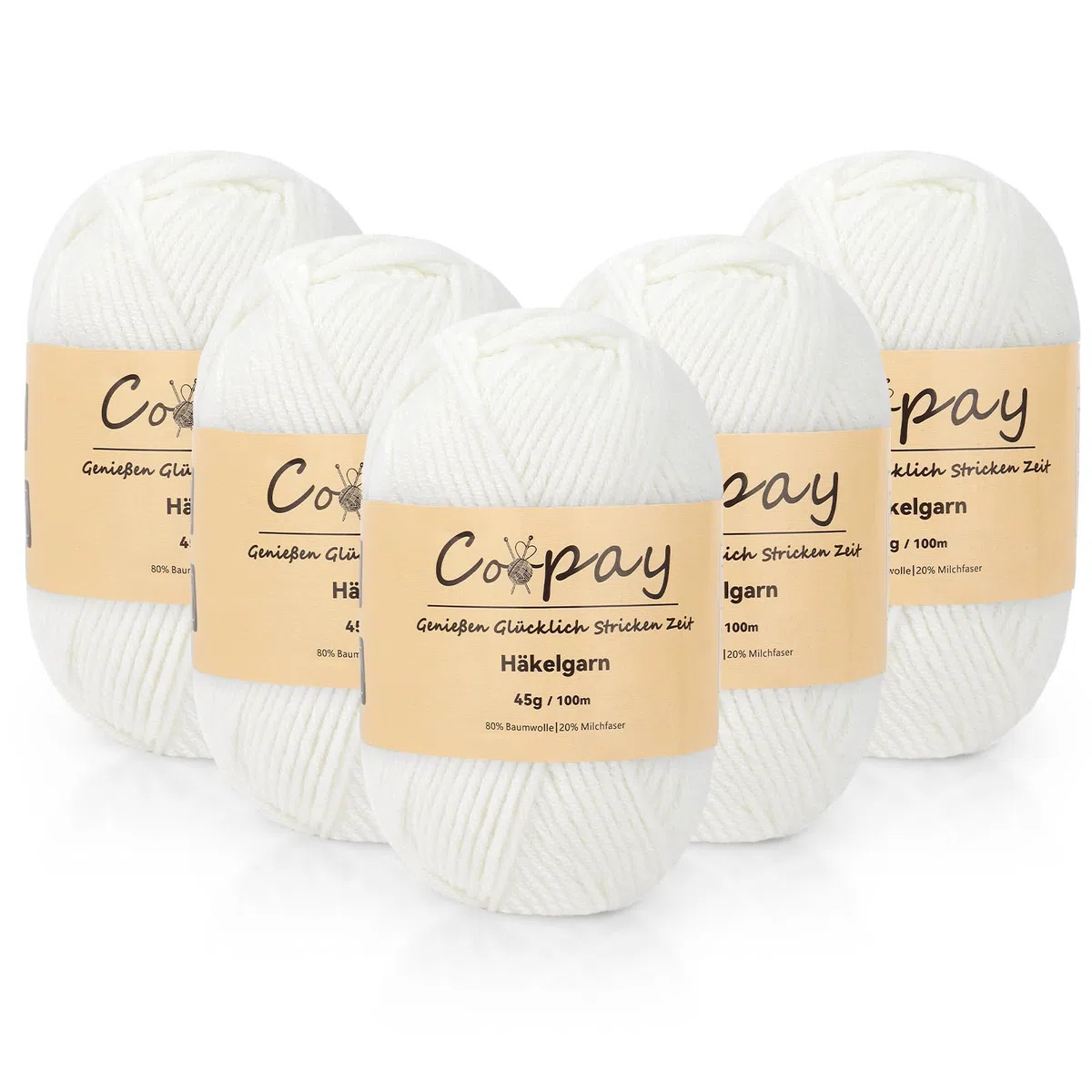 Coopay Lana para ganchillo, 225 g (5 x 45 g), 5 ovillos de lana para tejer, lana de bebé para principiantes, hilo de ganchillo súper suave para proyectos de ganchillo y punto, color blanco
