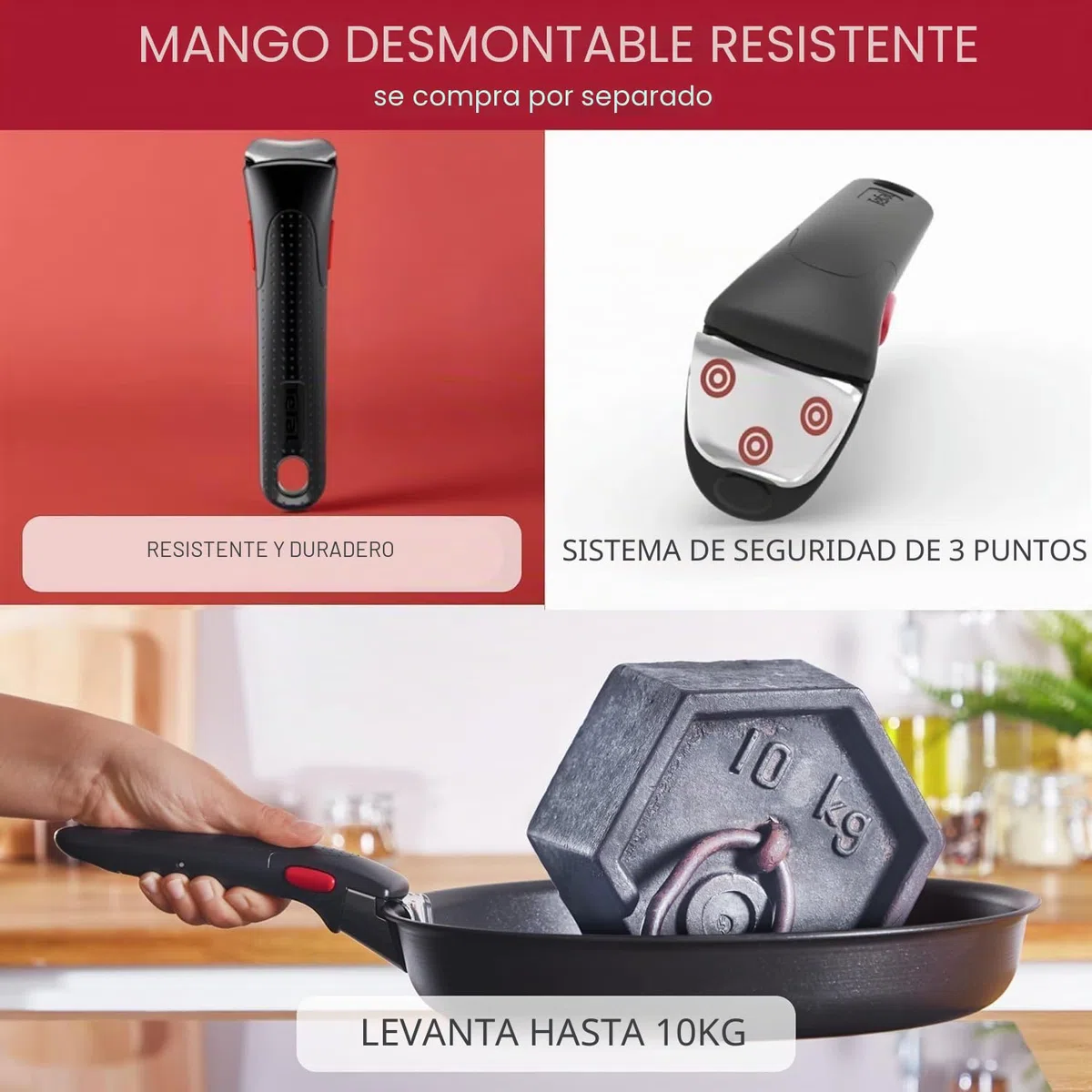 Lagostina Mango extraíble Induction de Ingenio, resistente hasta 10 kg, fijación segura de 3 puntos, diseño ergonómico, en plástico y acero, negro