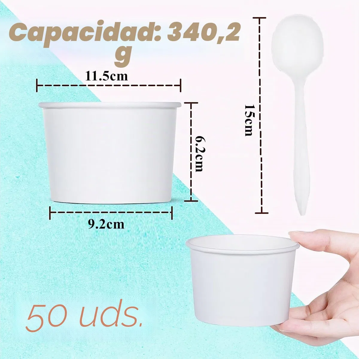 LATERN 50 Piezas Cuencos de Helado de Papel con 50 Piezas Cucharas, 12oz /360ml Cuencos de Papel Desechables para Comida Fría y Caliente Sopa Sundae Yogur Helado Postre (Blanco)