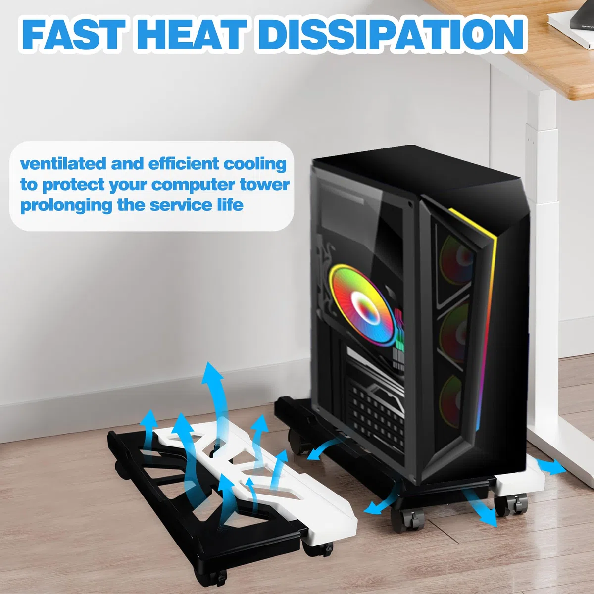 Soporte para PC, soporte torre PC, base con ruedas, soporte móvil universal ajustable para CPU con 4 ruedas, soporte PC bajo mesa, carrito de CPU debajo del escritorio para jugadores(BW)