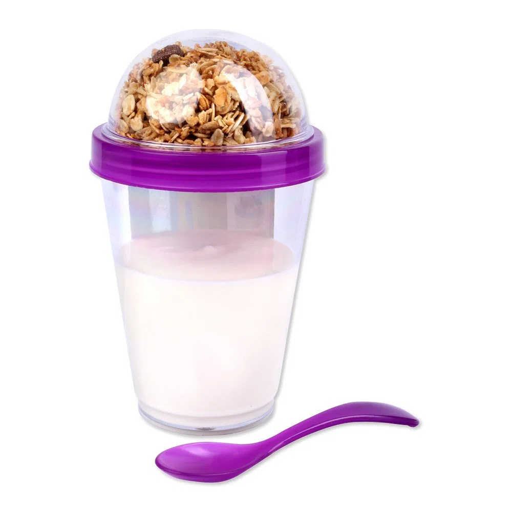 4 vasos de cereales con tapa, varios colores, 4 colores, incluye cuchara y tapa con depósito para cereales