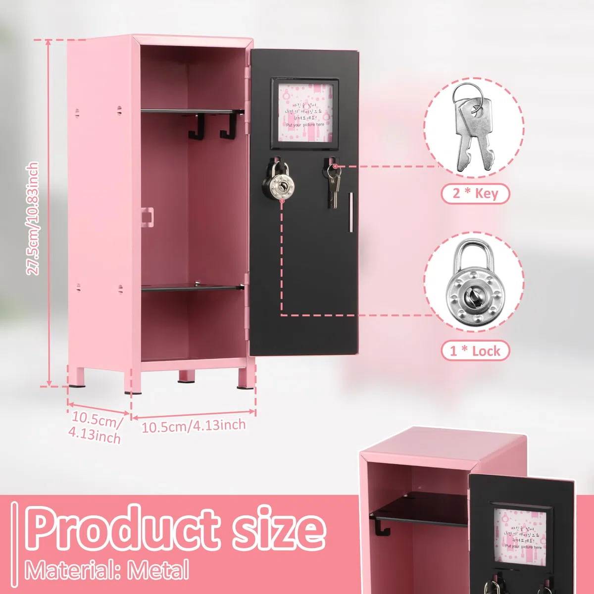 Mini armario con cerradura y llave, de metal roto, pequeño armario portátil, práctico armario de almacenamiento, con compartimentos para escritorio, niñas, niños (rosa)