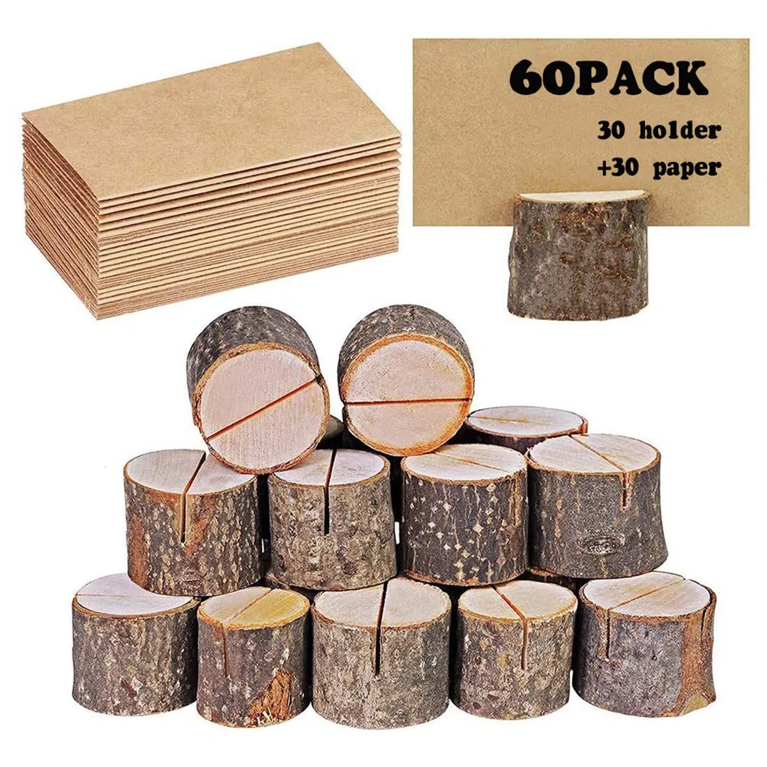 Portatarjetas de mesa rústico, madera auténtica, con corteza de madera, soporte para tarjetas de mesa, soporte para fotos, nombres, tarjetas para bodas, fiestas (30 soportes + 30 papeles de estraza)