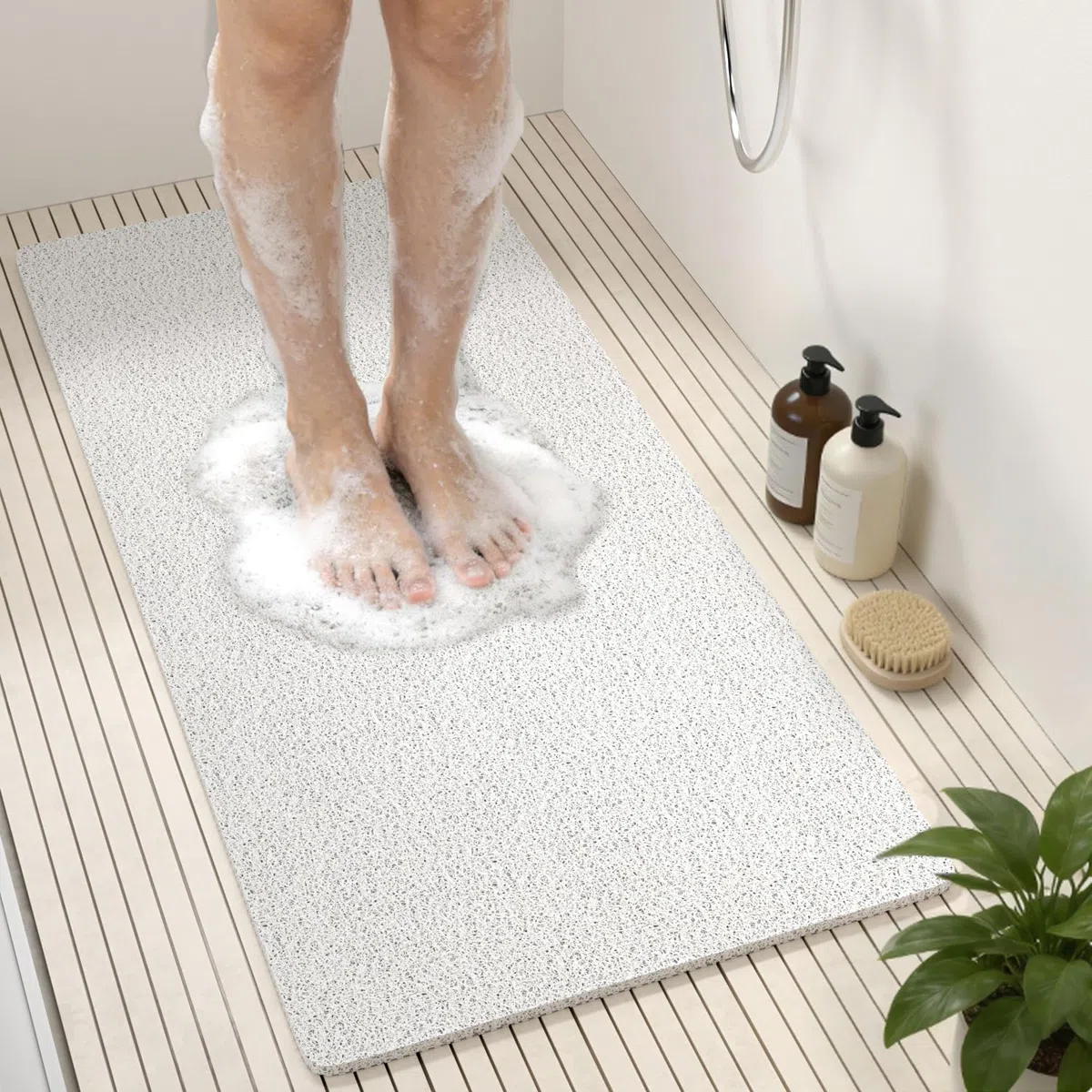 HITSLAM Alfombra Ducha Antideslizante, 88 x 40cm Largo Alfombra de Bañera Antideslizante, Loofah de PVC Suave Alfombra Baño, Sin Ventosa Alfombrilla Bañera, Secado Rápido y Resistentes al Moho, Blanca