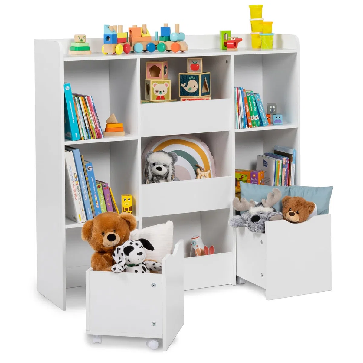 IDMarket Mana - Mueble de almacenamiento infantil con 5 estantes, 3 bandejas y 2 cubos con ruedas, color blanco