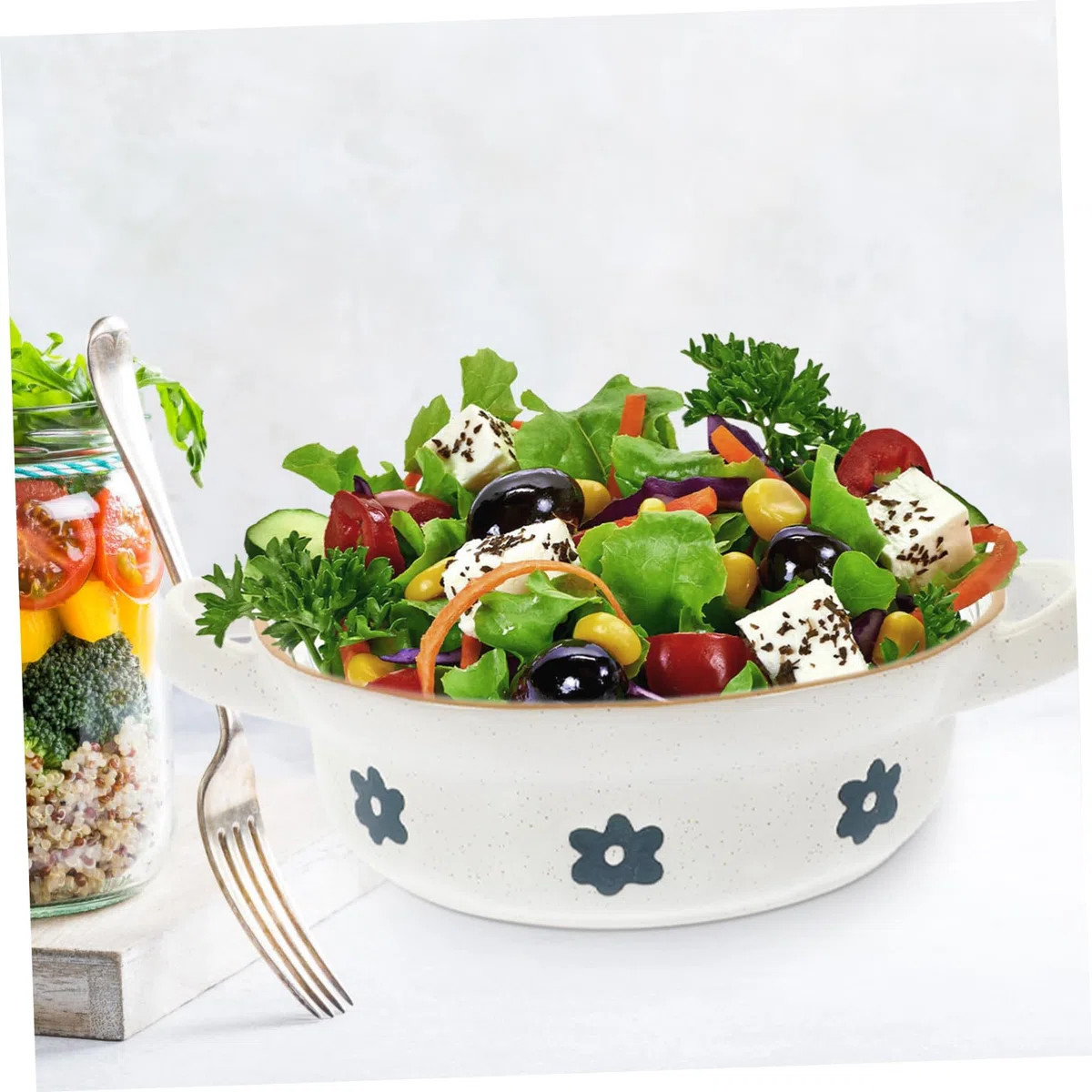 Mikinona Cuenco de Cerámica Blanco sin Rebabas y Fácil de Limpiar con Asas Dobles para Sopa Estilo Vintage Adecuado para Ensaladas y Uso Diario en Cocina