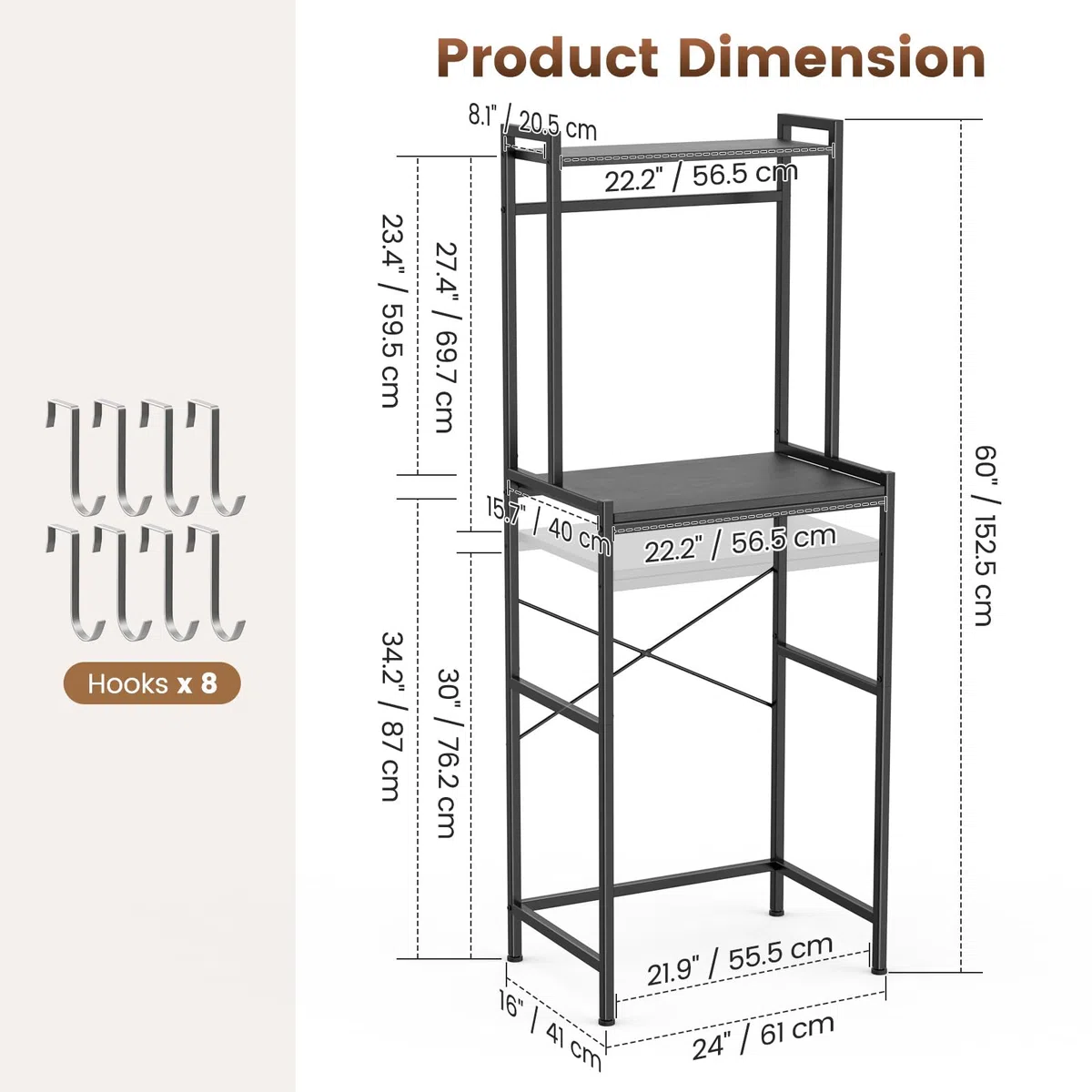 Housolution Soporte para Mini Nevera con Almacenamiento, Soporte para Microondas de Cocina de 2 Pisos Estante Mini Nevera Altura Ajustable Perchero con 8 Ganchos para Dormitorios, Salones, Negro