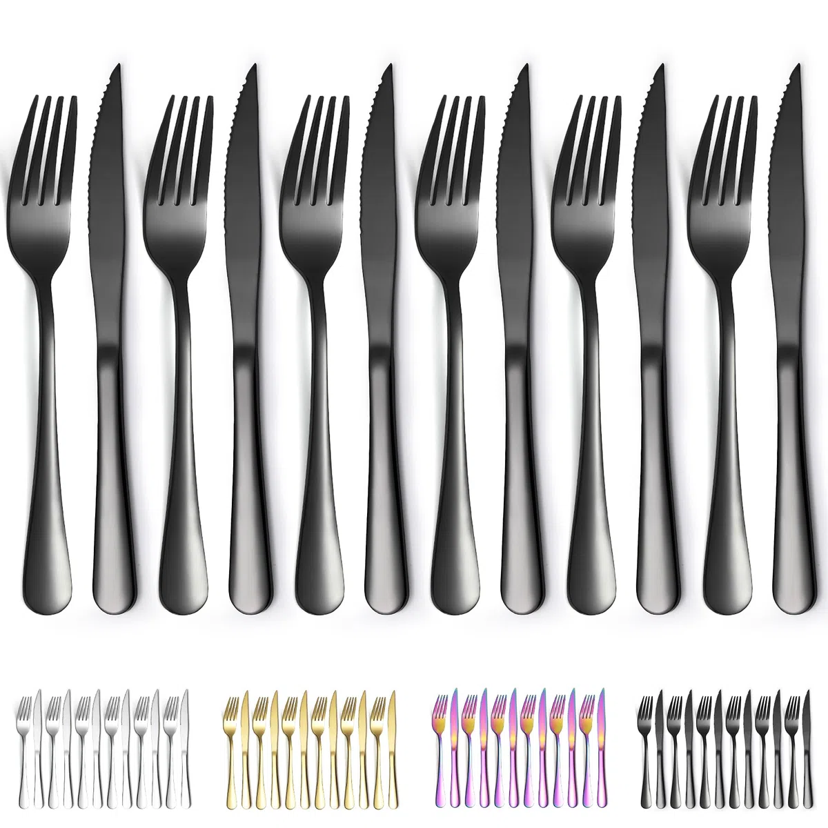 Evanda Juego de Cuchillos y Tenedores para Carne Negro - 12 Piezas (6 Ten., 6 Cuch.)