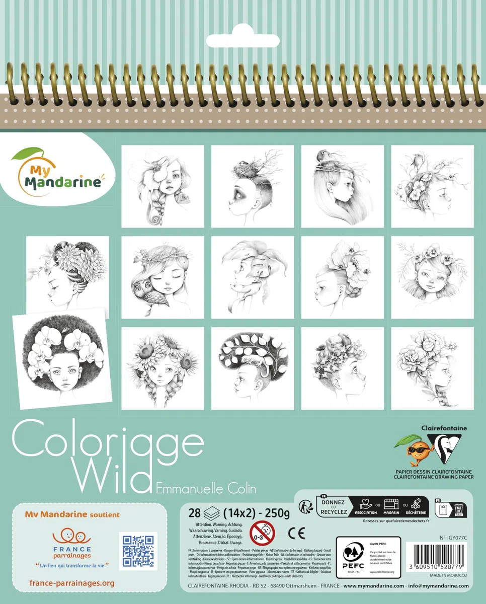 Avenue Mandarine GY077C - Un carnet à spirale Wild 28 pages imprimées à colorier 20x20 cm (14 designs x 2) 250g, Wild 3