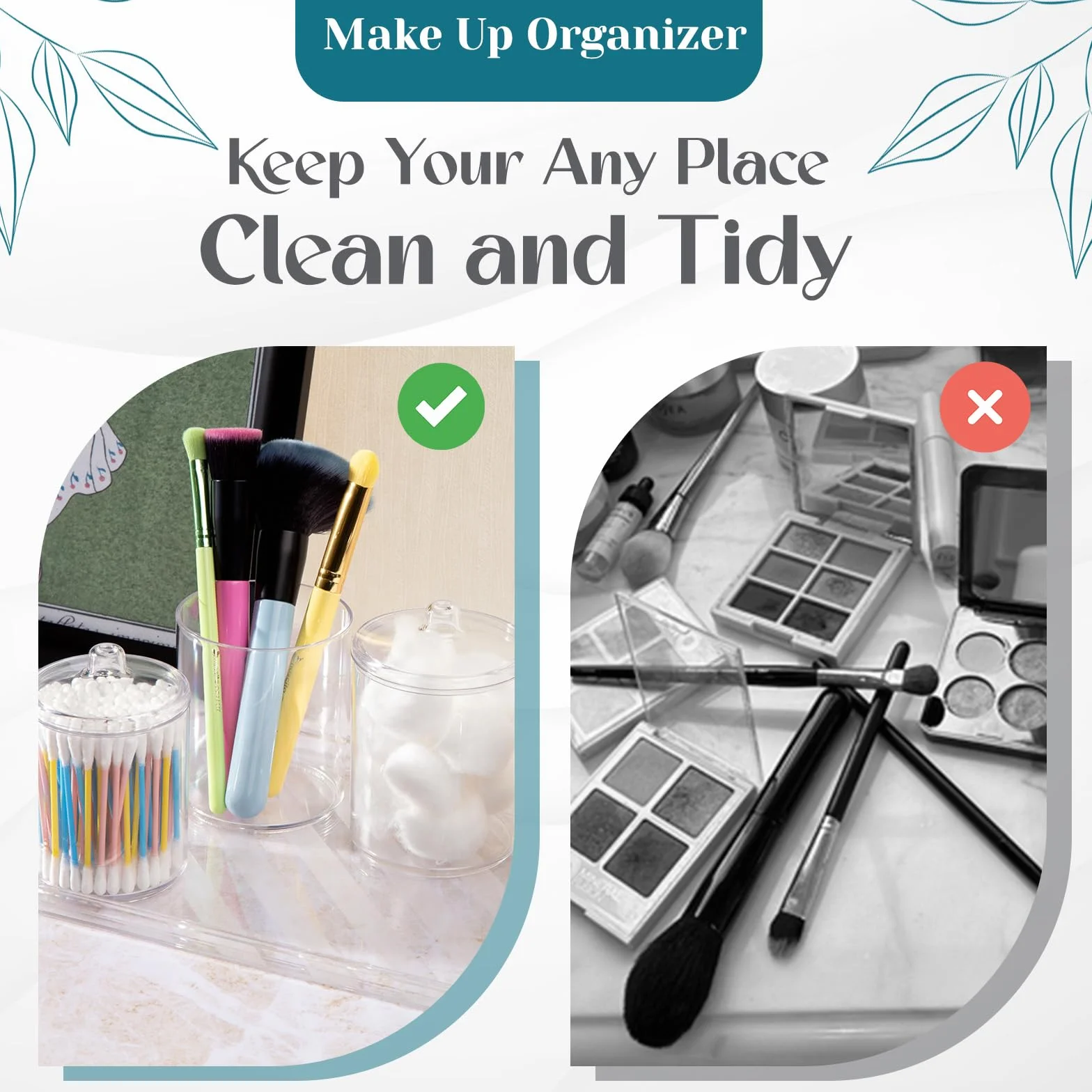 Qtip - Organizador de maquillaje de tocador, tarros de boticario de plástico transparente con tapas, dispensador de hisopos de algodón para baño, 2 x 10 onzas y 2 x 7 onzas, paquete de 4,