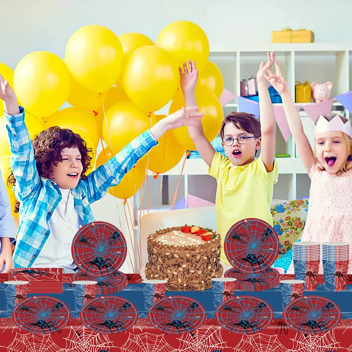 61 piezas de vajilla para fiesta de cumpleaños infantil con temática de telaraña roja, fiesta de Halloween con telaraña roja, incluye vasos, platos, manteles y servilletas, para 20 personas