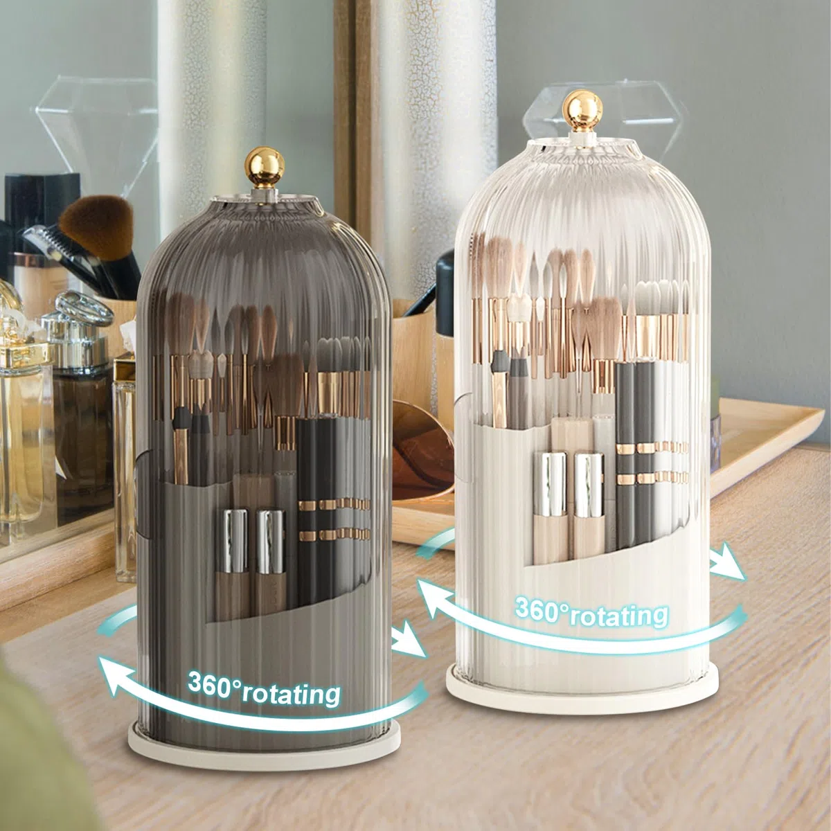 Organizador De Maquillaje, Giratorio De 360 Grados, A Prueba De Polvo, Organizador De Brochas Con Tapa Para Tocador