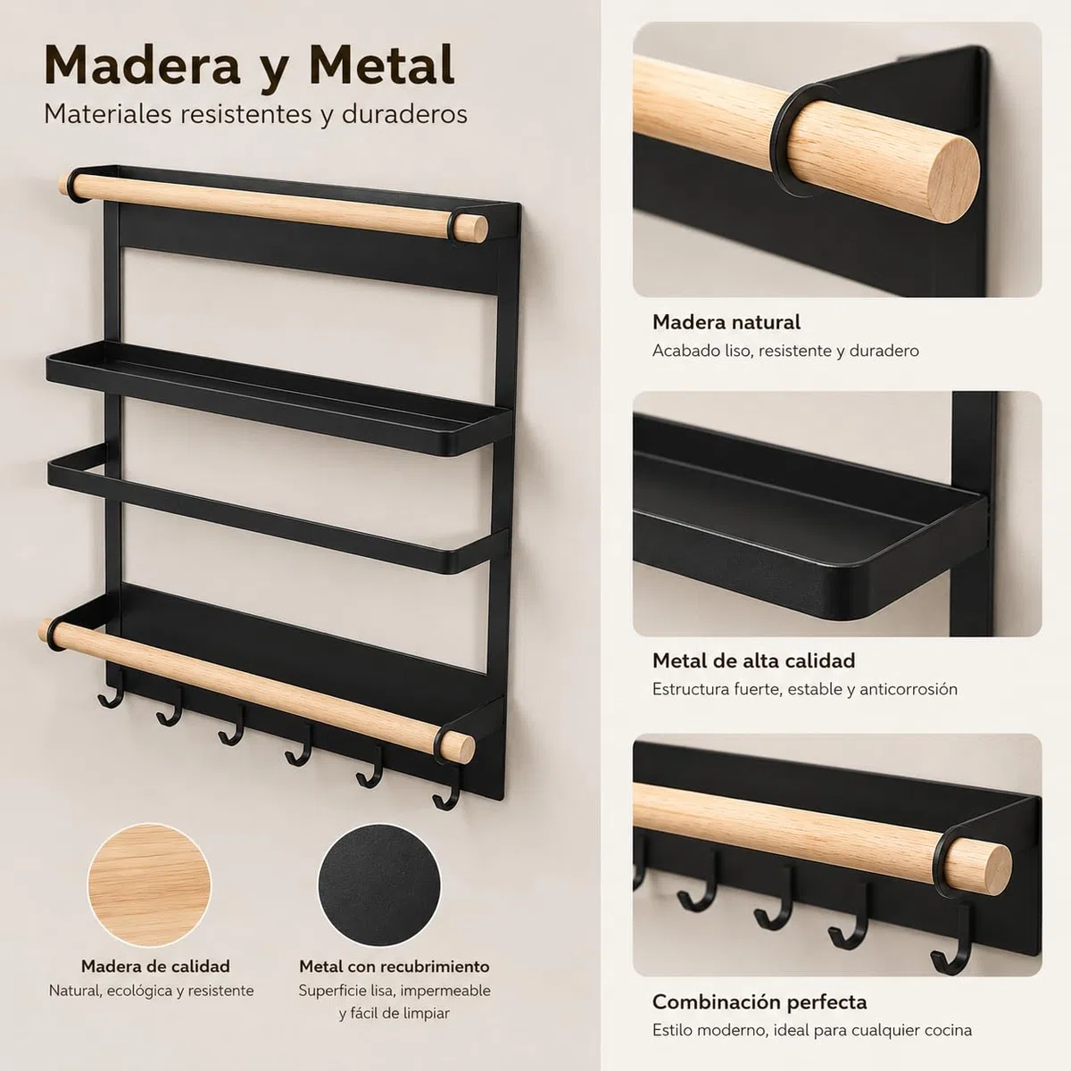 Estantería Magnética para Especias 2 Niveles con 6 Ganchos, Organizador de Cocina Negro Mate, Compacto y Funcional 26,5x18x19 cm, Ahorra Espacio y Ordena Fácilmente