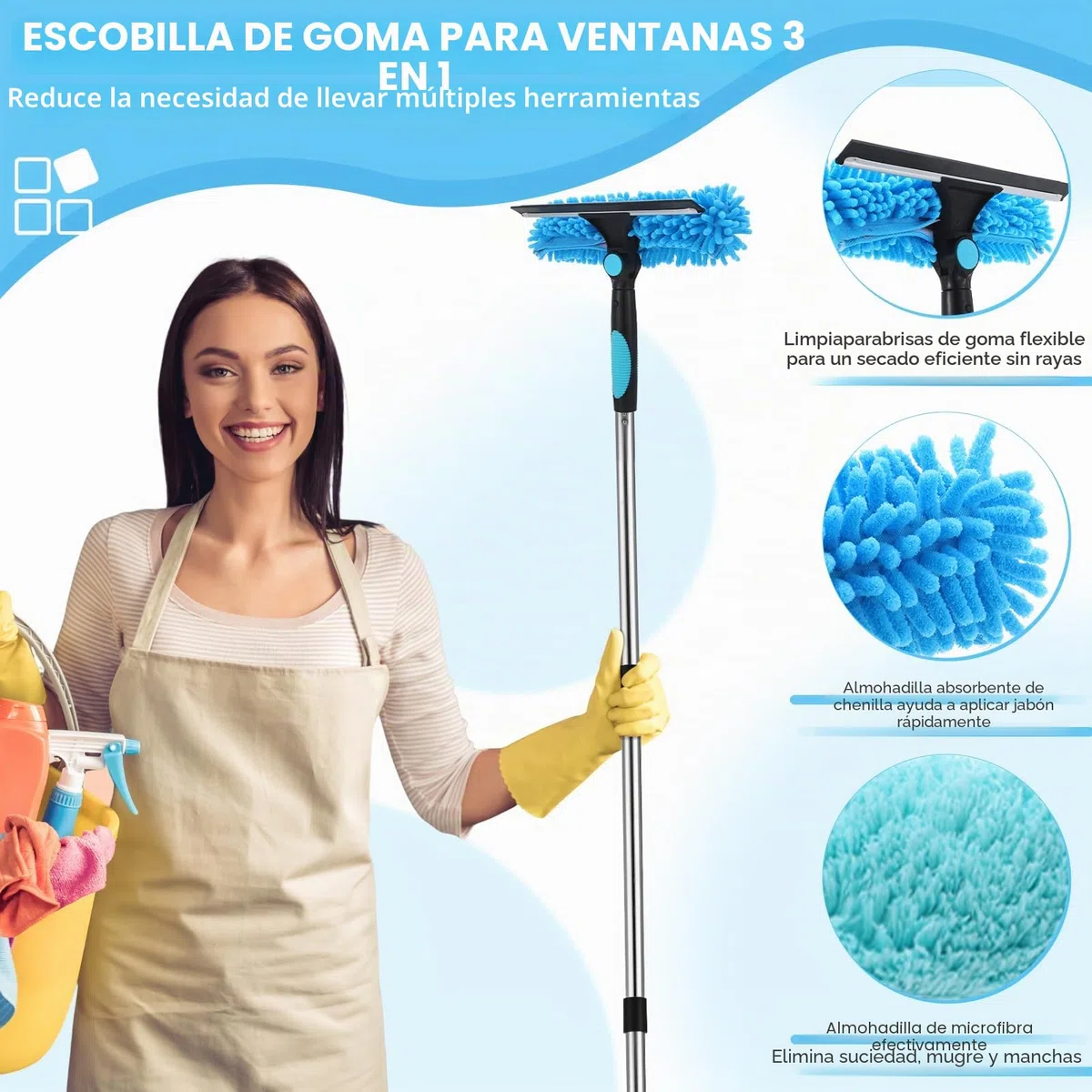 2 en 1 Profesional Raclette Vitre, Kit de Limpieza de Cristales con Manche Télescopique de 240 cm, Limpiacristales telescópico con Tête Flexible para Ventanas Altas de Interior, Azul