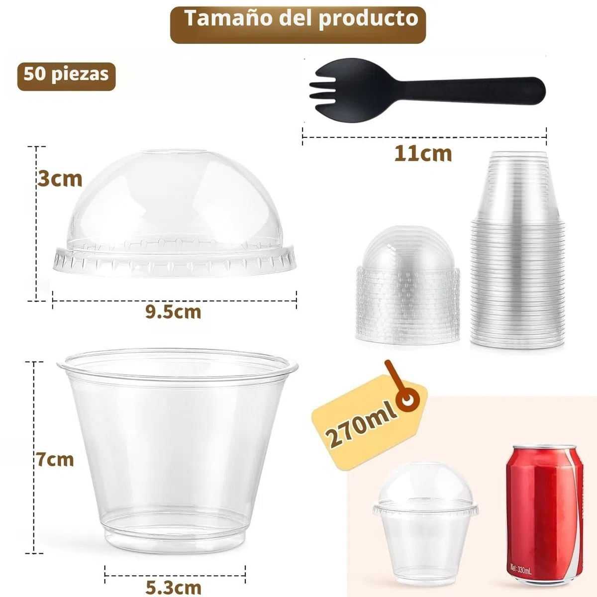 LATERN 50 Piezas Vasos de Postre de Plástico con Cúpula Tapas, 270ml Redondas Tazas de Postre Taza de Aperitivo de Parfait Transparente Tazón para Servir Reutilizable con Tenedores para Pudín Mousse