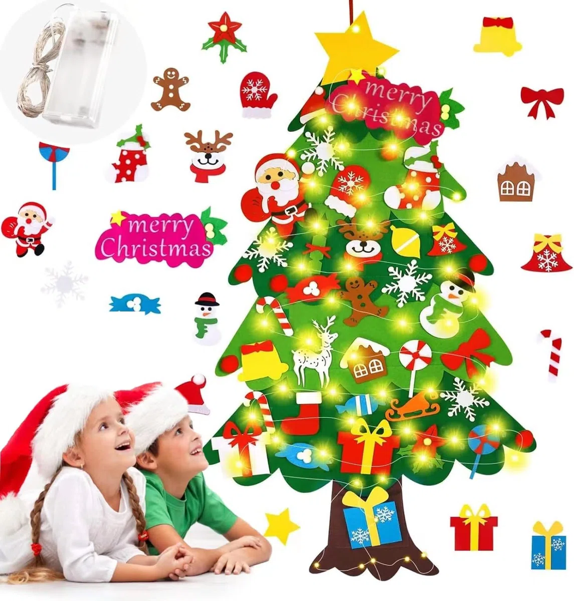 35pcs Fieltro Árbol de Navidad, DIY Christmas Hanging Tree ​con Ornamentos Desmontables El árbol de Navidad de 50 Luces LED,para Regalos navideños, Decoración de Navidad para Paredes y Puertas del
