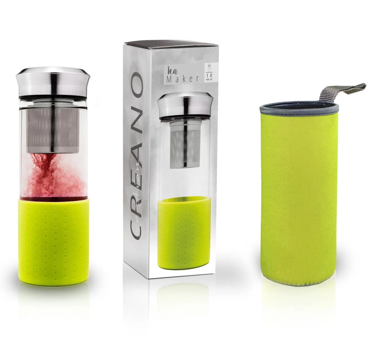 Creano Teamaker Tetera Nómada de Vidrio de Borosilicato 400ml con Filtro de Acero Inoxidable y Funda de Neopreno Hermética – Verde