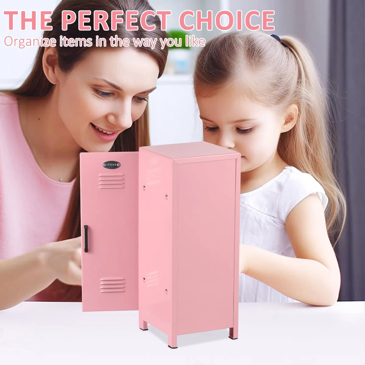 Mini armario con cerradura y llave, de metal roto, pequeño armario portátil, práctico armario de almacenamiento, con compartimentos para escritorio, niñas, niños (rosa)