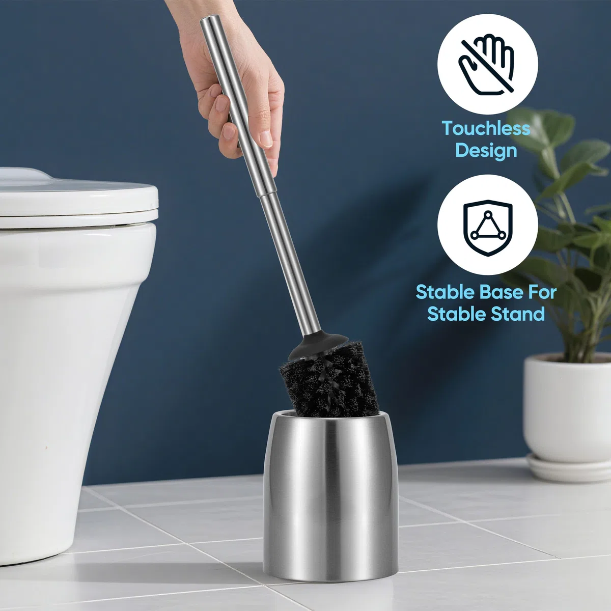 Juego de Cepillo y Soporte para Inodoro de Acero Inoxidable Cepillado Níquel - Mango de 40CM - Cerdas de Alta Densidad Cepillo para Taza de Baño, Cepillos de Limpieza para Baño con Base Plate