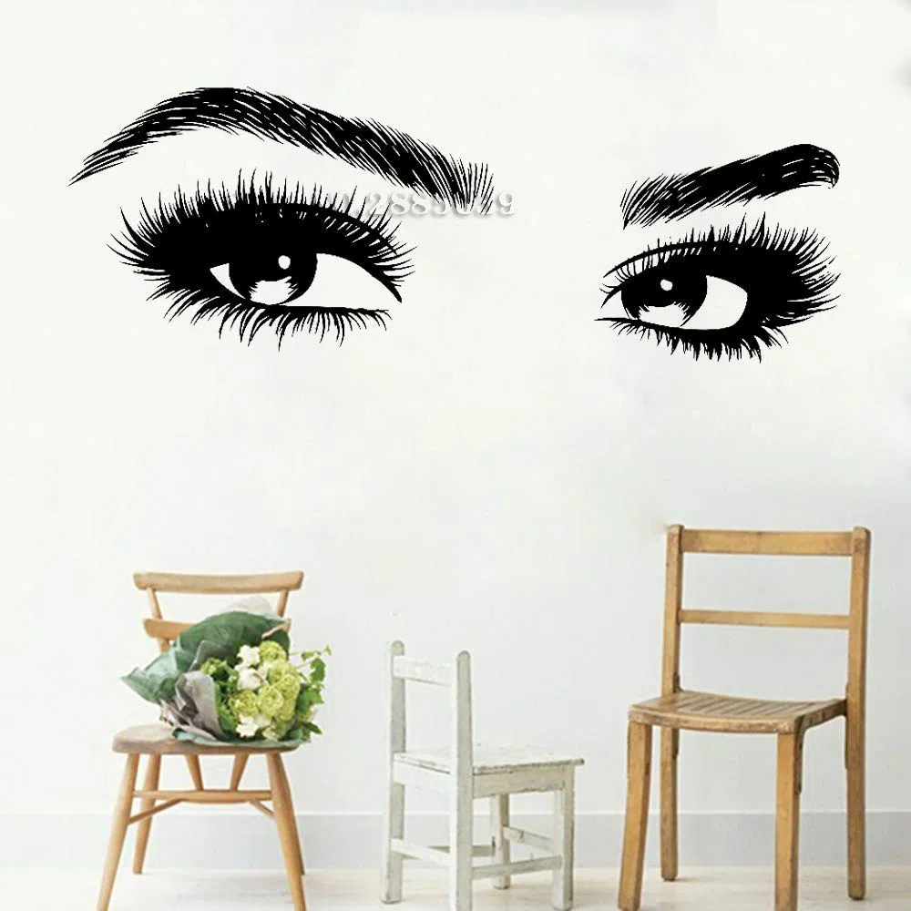 Adhesivo de Pared con pestañas Grandes; Hermosa Pegatina de Ojos de niña; decoración del hogar de Vinilo removible; Adecuado para Sala de Estar, Dormitorio y Otras Decoraciones 156 cm x 56 cm