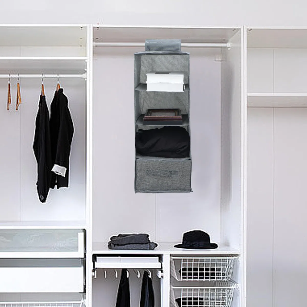 Organizador Armario Colgante con 4 Compartimentos, Organizador de Armario con 1 Cajón, Lavable Baldas Armario Interior, Arrumacao Roupeiro para Dormitorio Caravana Camping (Gris)