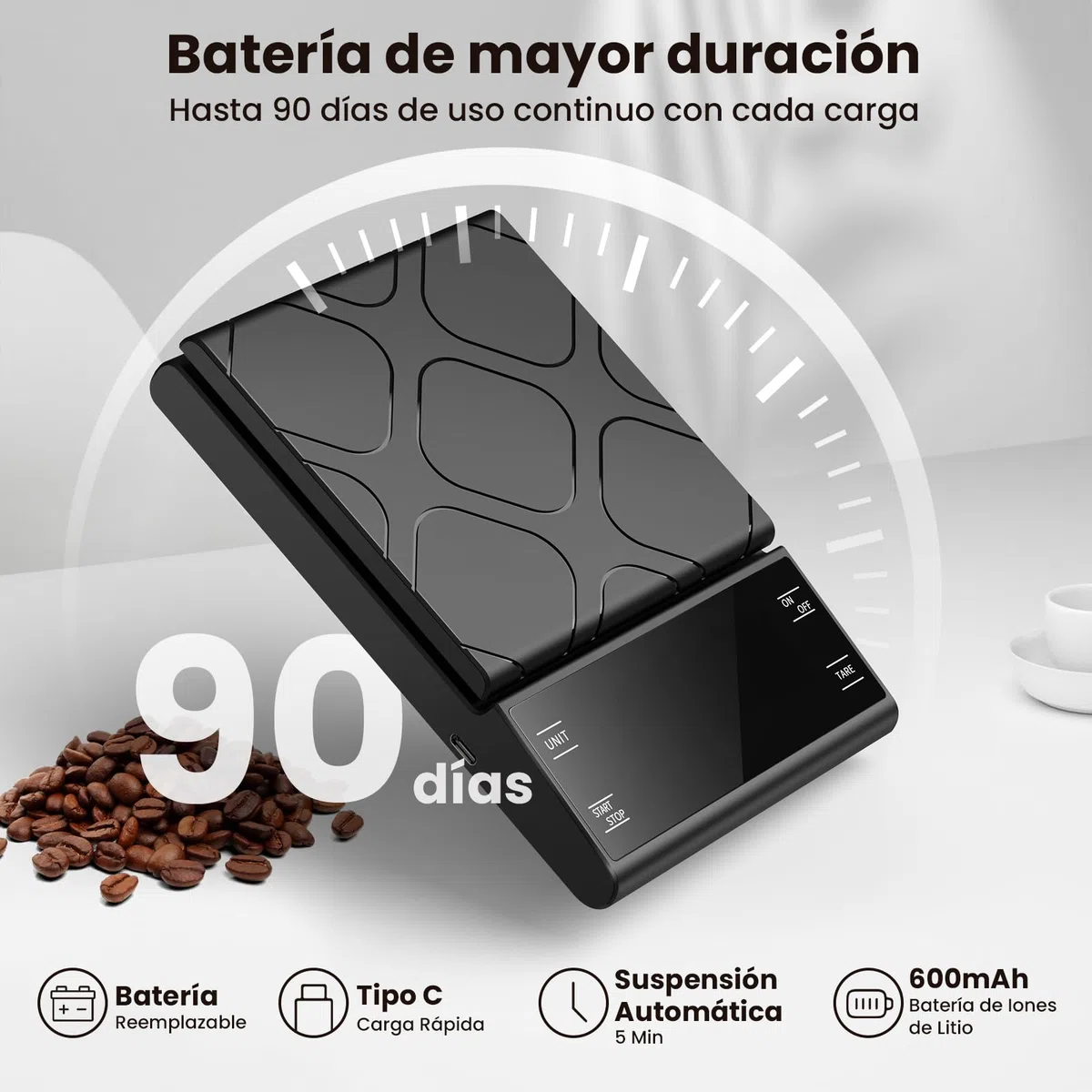 Báscula de Café Digital con Temporizador, Recargable Báscula de Espresso de Precisión 5 kg/0,1 g, con Pantalla LCD y Medición Automática Del Tiempo