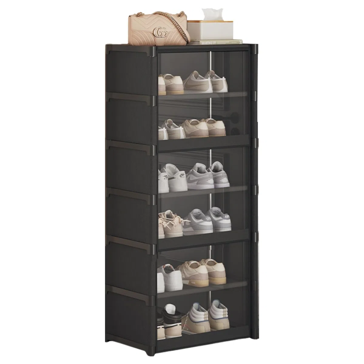 Organizador de zapatos de tela textil, Zapatero auxiliar, Compacto de varios niveles, Cierre magnético, Vertical, Tubo metal (6 estantes)