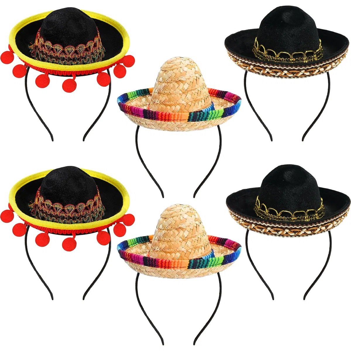 Juego De 6 Sombreros De Paja Del, MéXico PequeñOs Sombreros, Bola De Borla Y Diadema, Diadema De Paja, DecoracióN TemáTica Mexicana Y Recuerdos De