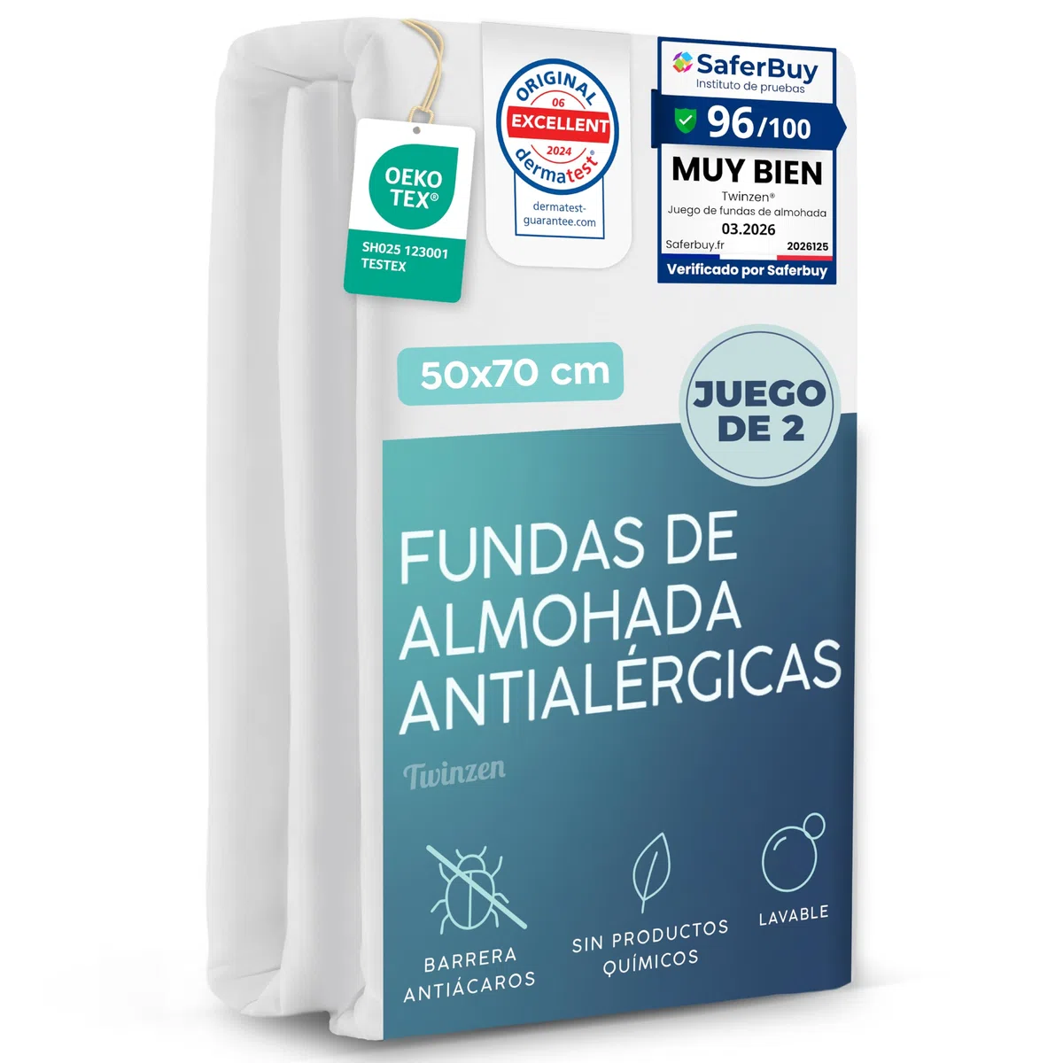 Twinzen Juego de 2 Protector Almohada 50x70 cm – Protectores Antiacaros con Cremallera - Transpirables y Oeko-Tex