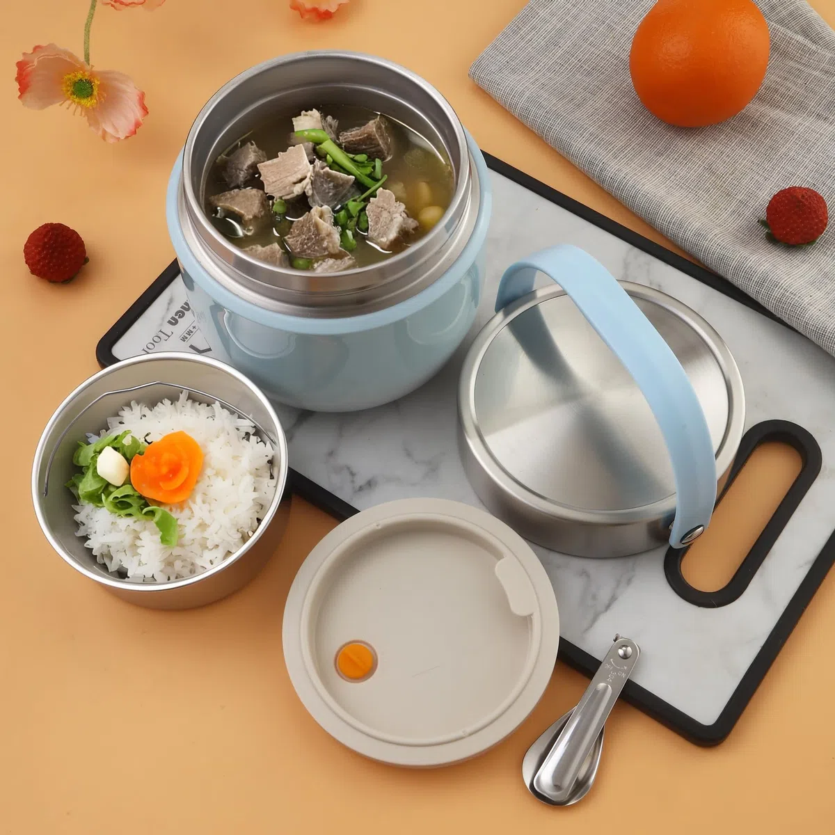 Recipiente Térmico para Alimentos 1200 ml Termo Comida Caliente Adulto con Cuchara Plegable Fiambrera Termica Para Guardar Comidas,Almuerzos,Gachas,Sopas (Azul)