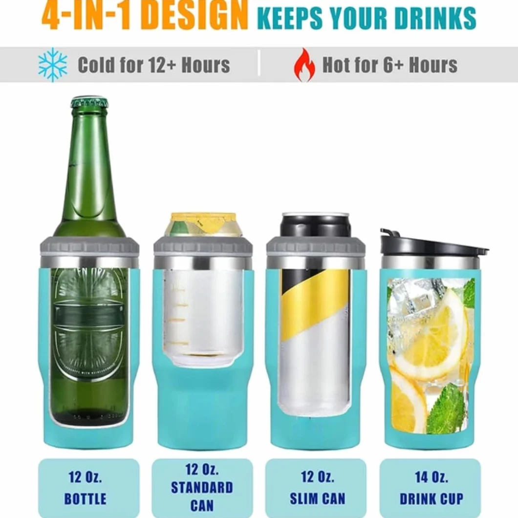 Aislante de lata/botella de acero inoxidable 4 en 1, tapas bidireccionales de 14 onzas, enfriador de latas aislado SUS, soporte para botella de cerveza (Azure)