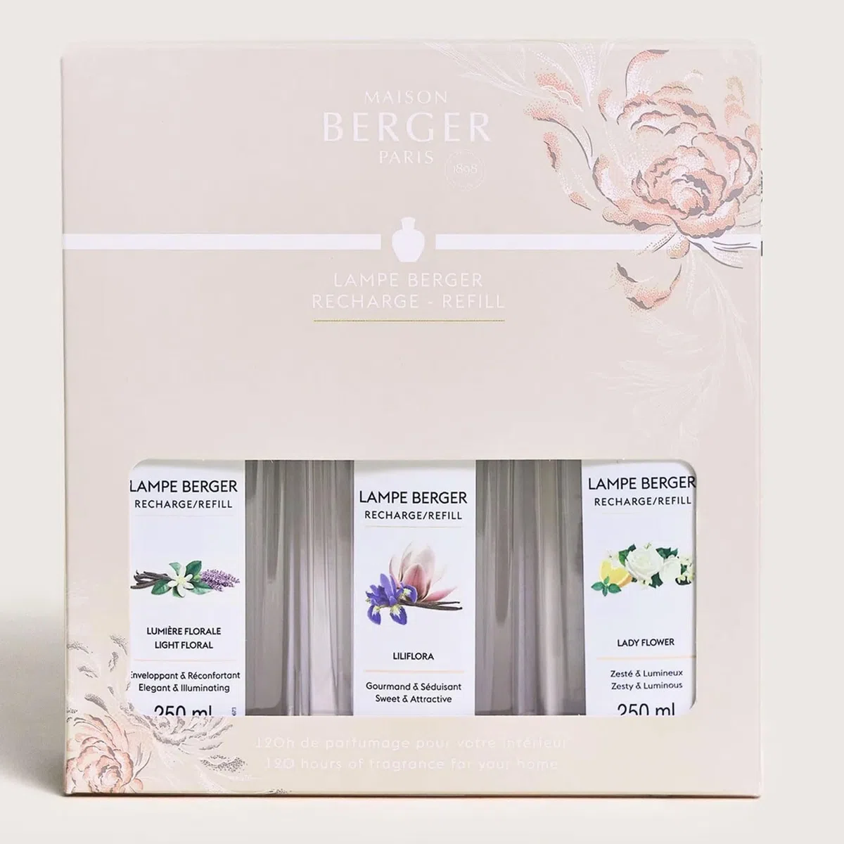 Lampe Berger – TrioPack Colección Ophelia – Juego de 3 botellas de 250 ml – Lumière Florale – Lady Flower y Liliflora – en elegante caja de regalo