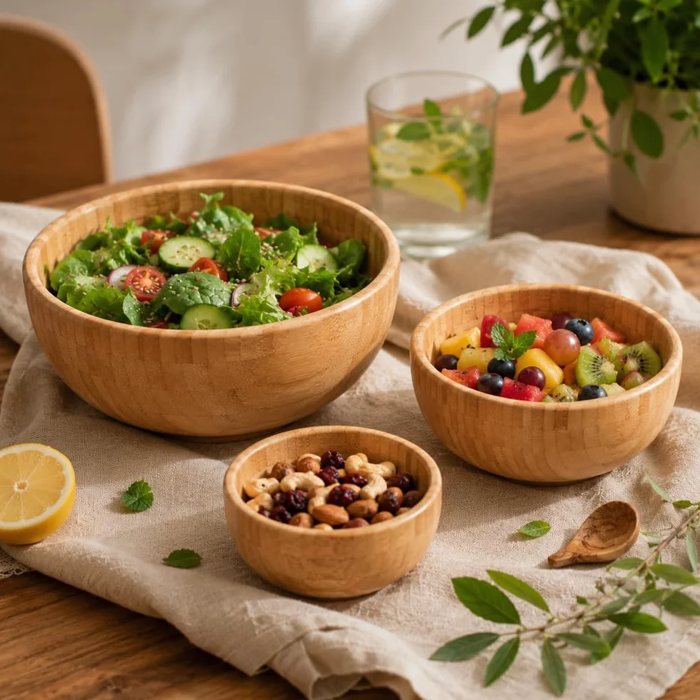 Pandoo Cuencos de Bambú - Juego de Cuencos Decorativos, Frutero, Ensaladera, Vajilla (20 cm de Diámetro)