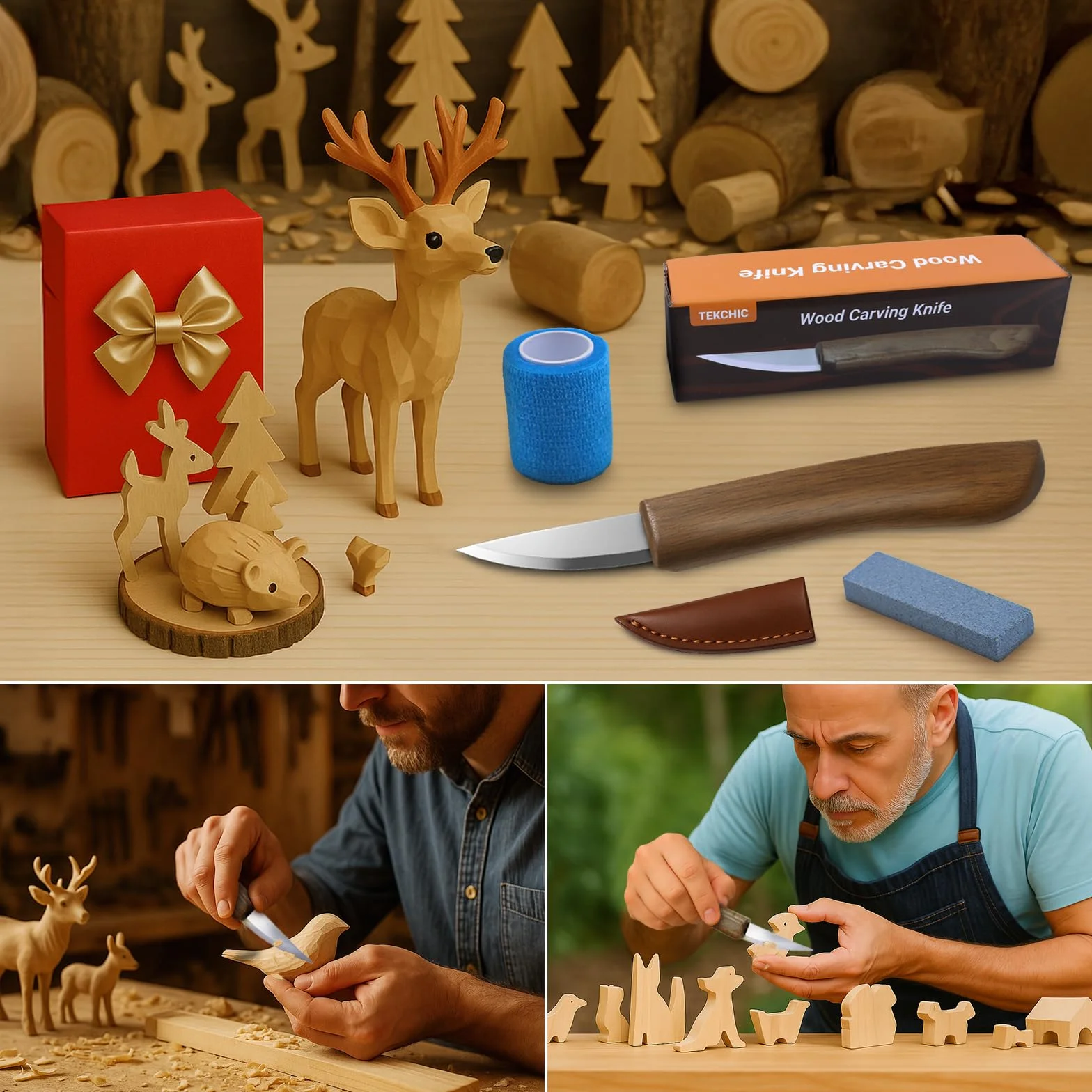 Cuchillo de tallado de madera para principiantes, cuchillo de corte con funda de cuero para adultos, profesionales y entusiastas del tallado de madera, herramientas de seguridad para