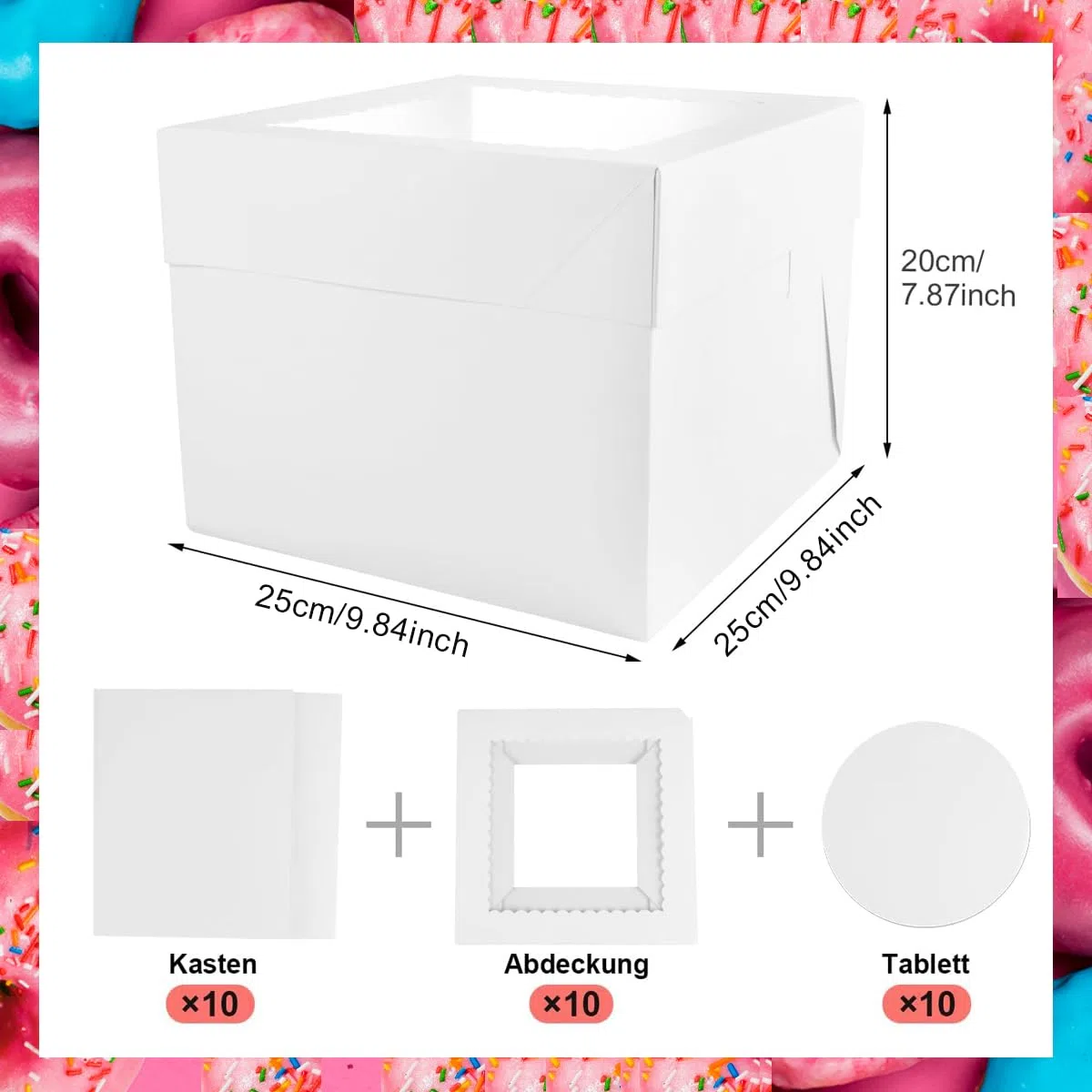 KUOGAS Cajas para Tartas (25x 25 x 20 cm), 10 uds caja para tartas con ventana, cake box con plato, Caja de transporte para tarta y repostería (10x10x8inch - 10Stk)