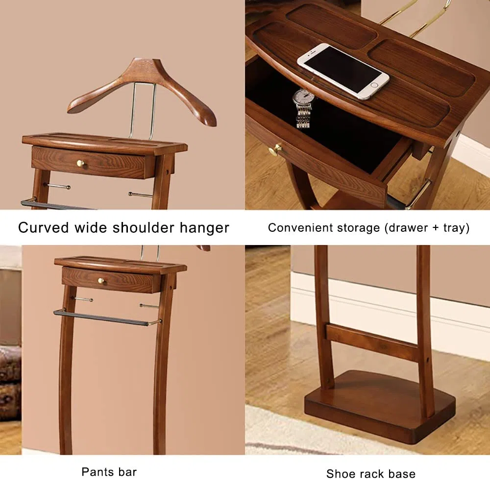 RajoNN Perchero de pie para Ropa, Perchero de Madera Maciza para Trajes, Organizador de pie para Ropa, Perchero con Percha y Barra para Pantalones para Oficina, Sala de Estar, Dormitorio