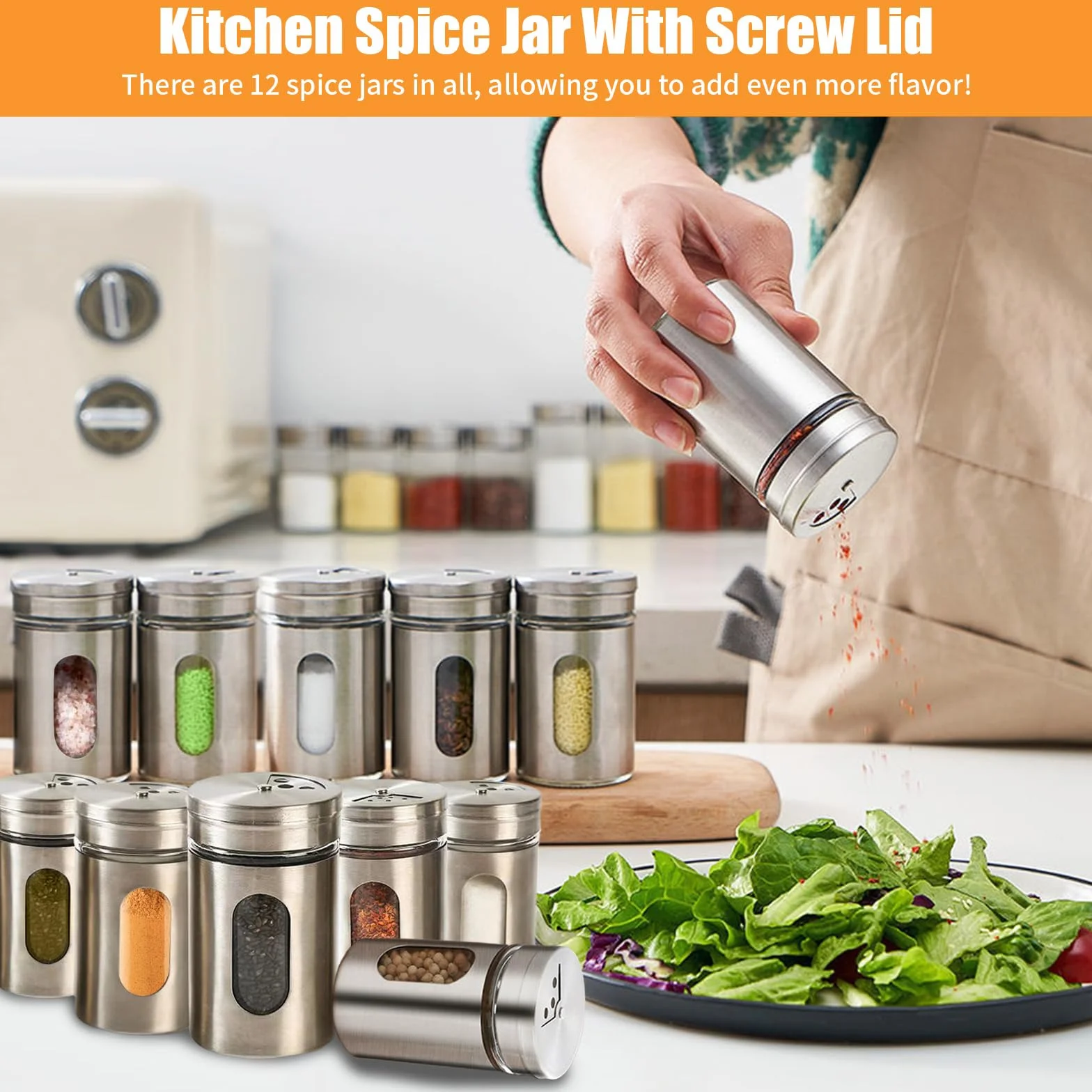 12Pcs 100ml Botes Especias con 3 Tipos Dosificadores, Tarros Acero Cristal Inoxidable Lavavajillas, Frascos Espaciarías Sal Pimienta Cocina para Conservar y Dosificar Pimentón, Polvos, Hierbas Secas