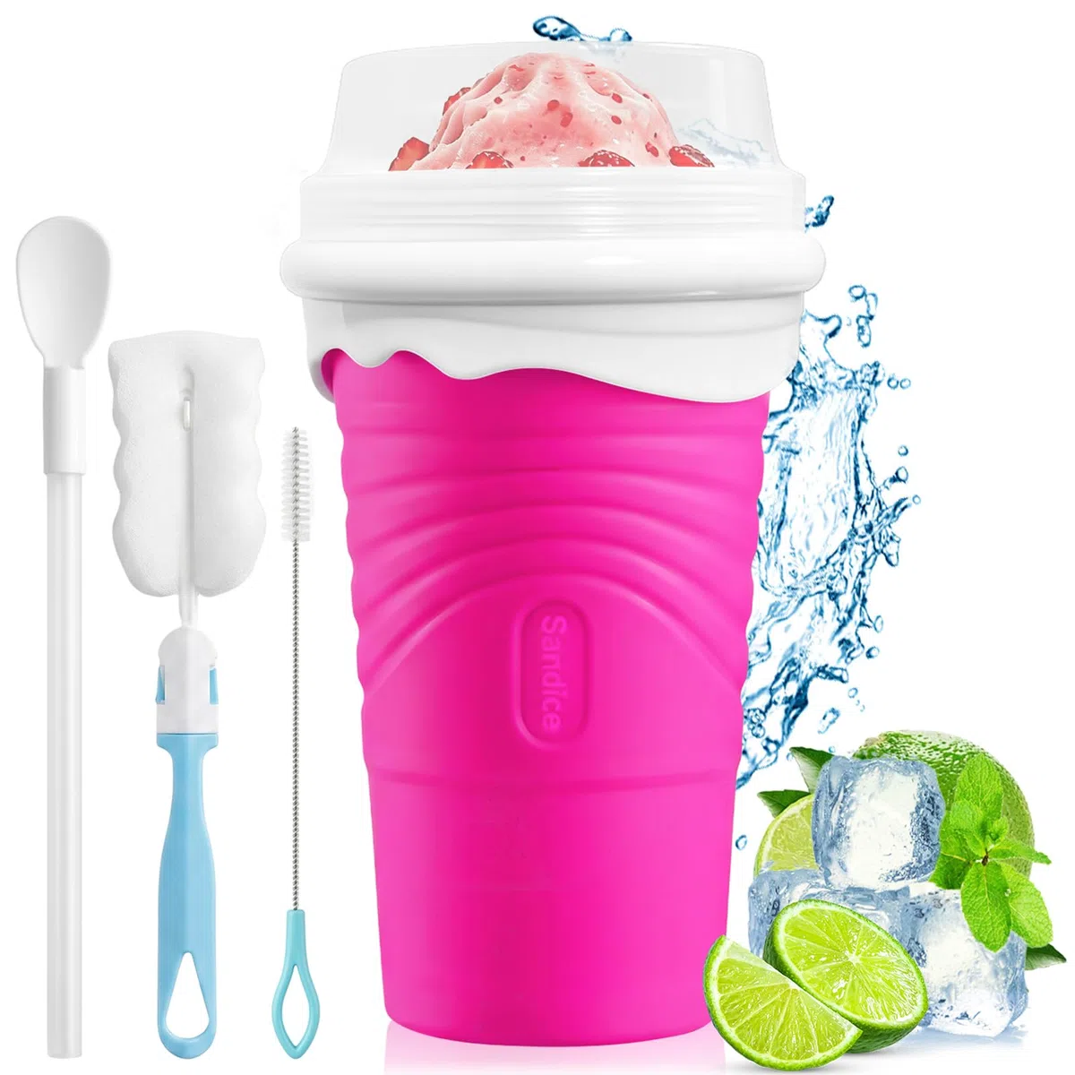 500 ml Taza para Hacer Granizadosen Silicona, Slushy Maker Reutilizable con Cuchara-Pajita 2 en 1 y Cepillo de Limpieza, para Smoothies, Batidos y Bebidas Frías Caseras, para Niños y Familia (Rosa)