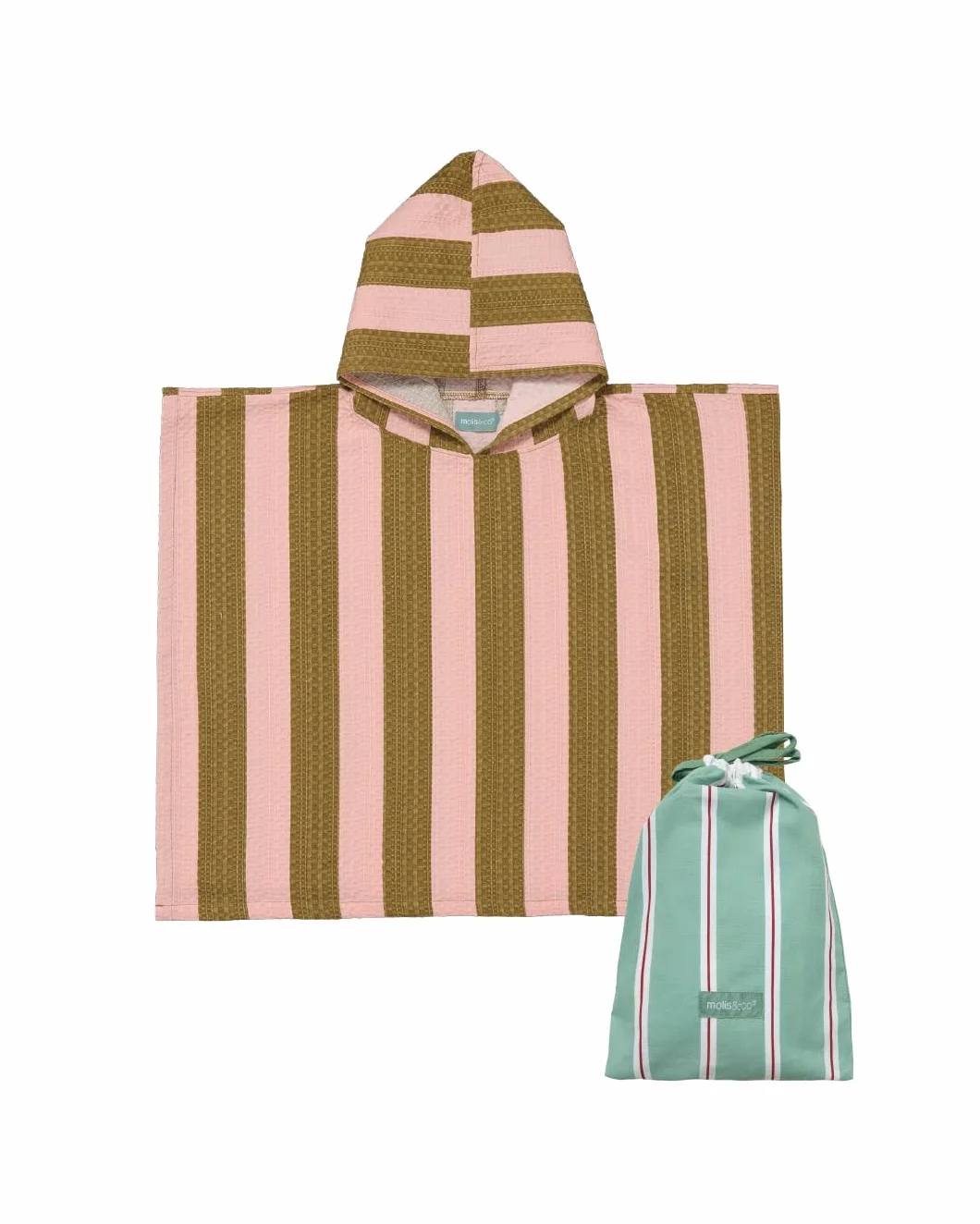 molis&co. Poncho de Baño para Niños de 1-2 años. Khaki & Rose Stripes. Toalla con Capucha para Playa. Bata de baño para niño Ligera y Compacta.