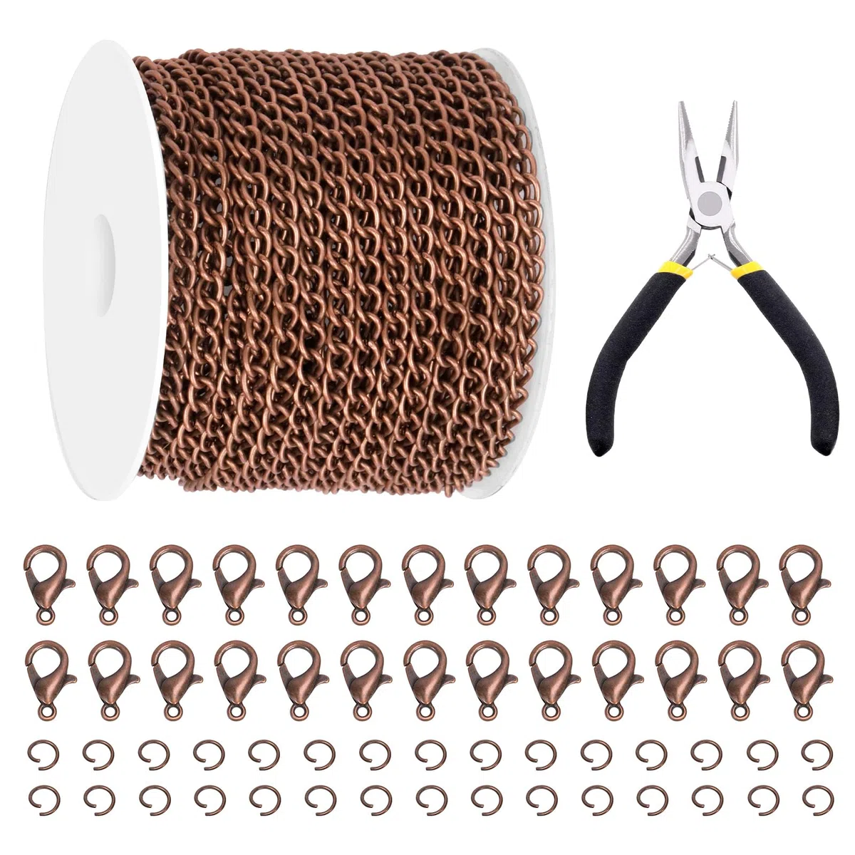 Galrks 102 cadenas de metal de 30 pies de cobre rojo antiguo, cadenas de cola revestidas mentalmente con anillos de salto y cierres de langosta para accesorios de joyería, bricolaje (cobre)