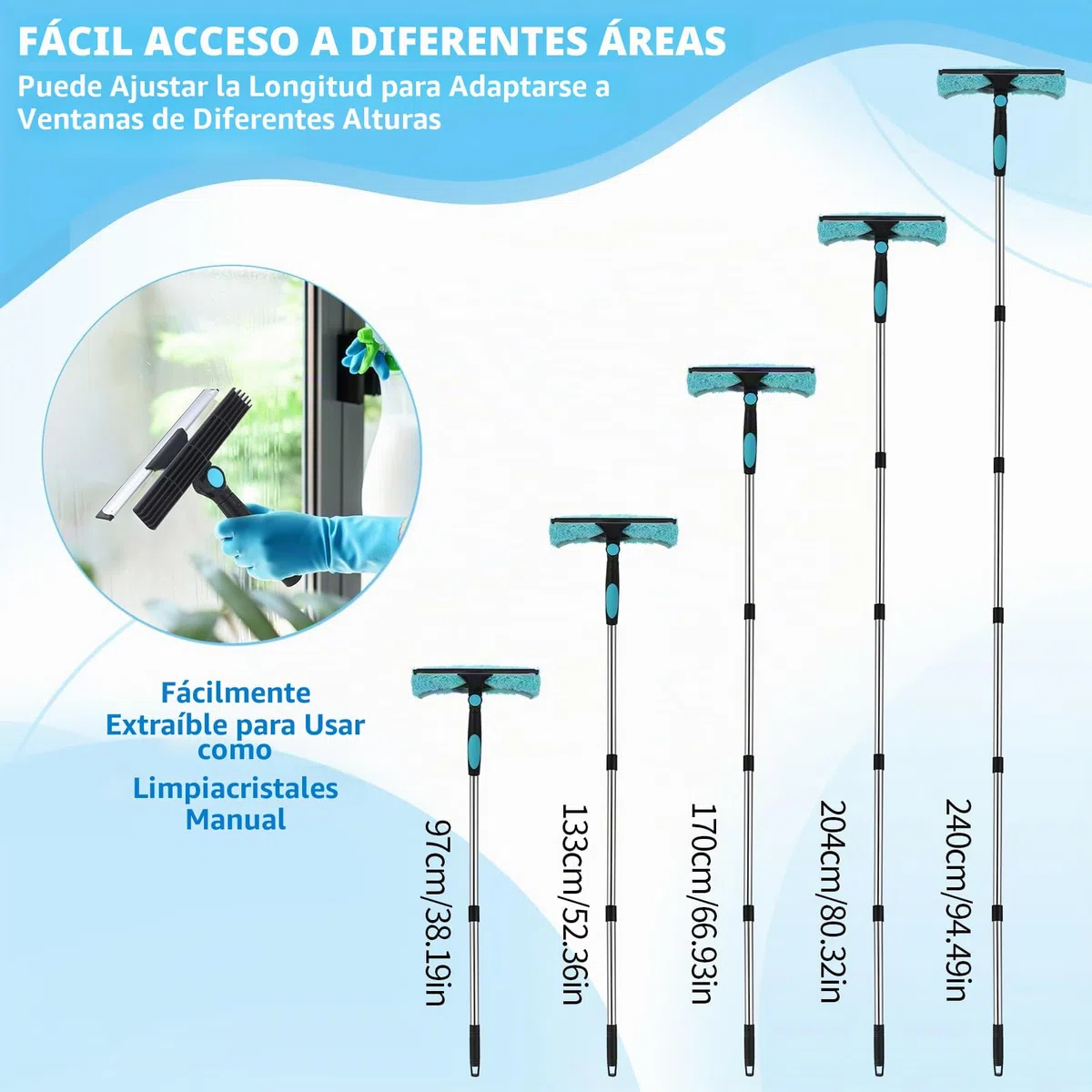 2 en 1 Profesional Raclette Vitre, Kit de Limpieza de Cristales con Manche Télescopique de 240 cm, Limpiacristales telescópico con Tête Flexible para Ventanas Altas de Interior, Azul