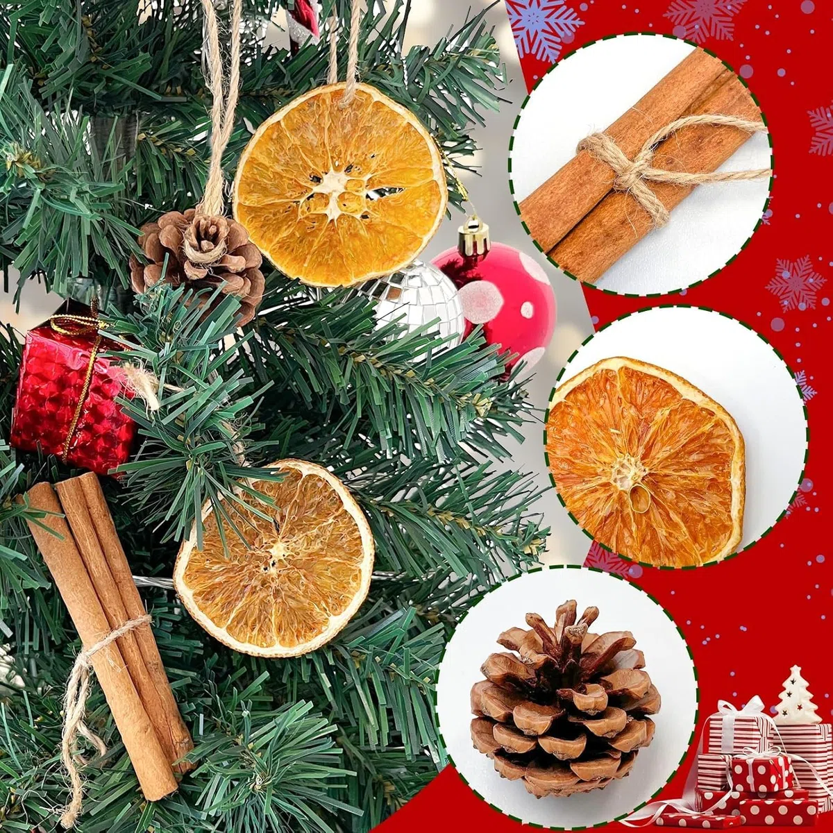 LATERN 225 Piezas Decoraciones para Coronas Navideñas, 20 Rodajas de Naranja, 20 Palos de Canela, 10 Piñas, 10 Anís Estrellado, 10 Bellotas, 155 Frutos Rojos - para Navideñas Fiestas Decoración