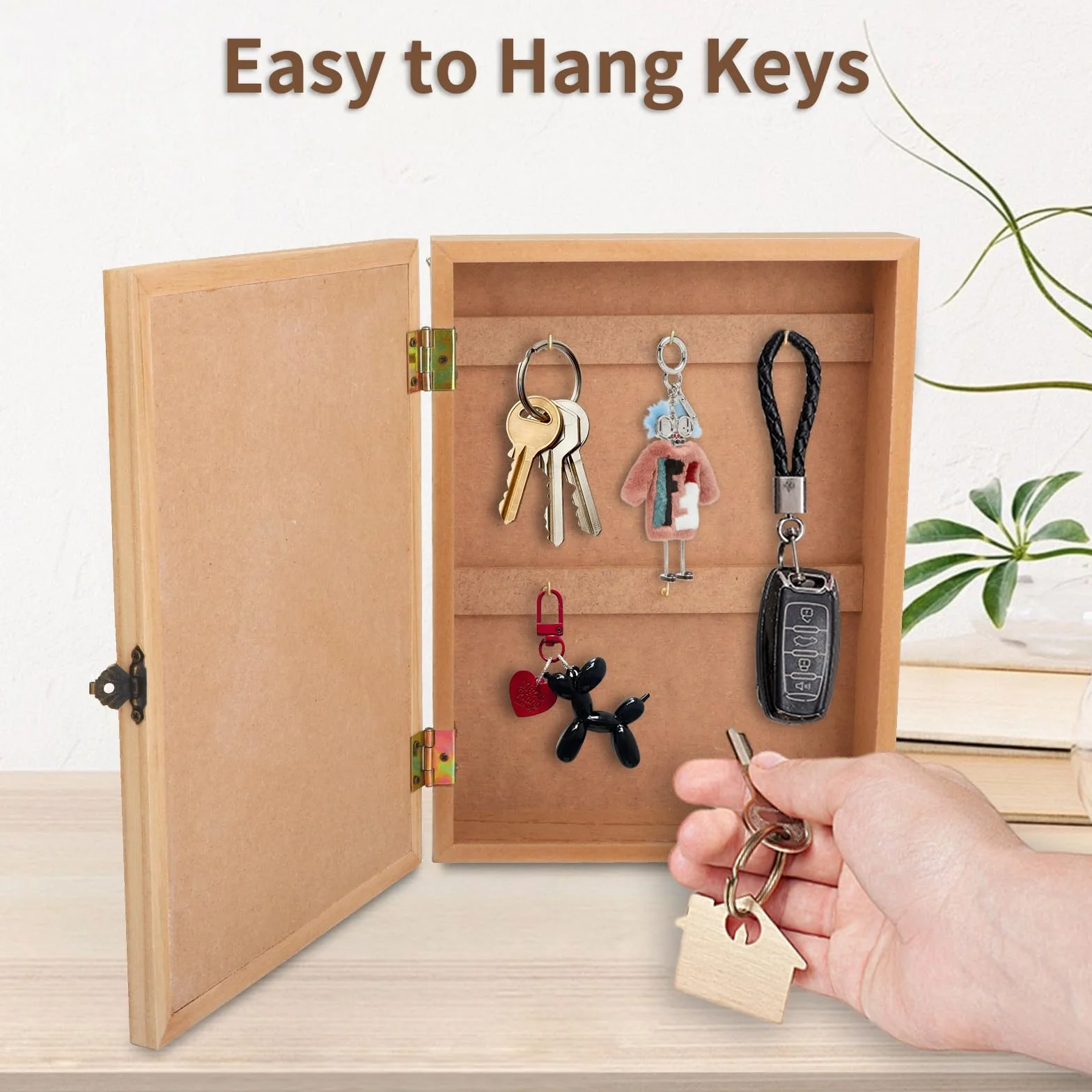 Caja Llavero de Pared Tipo Armario de Madera para Llaves con 6 Ganchos Estilo Nórdico - 27x20x6.5cm